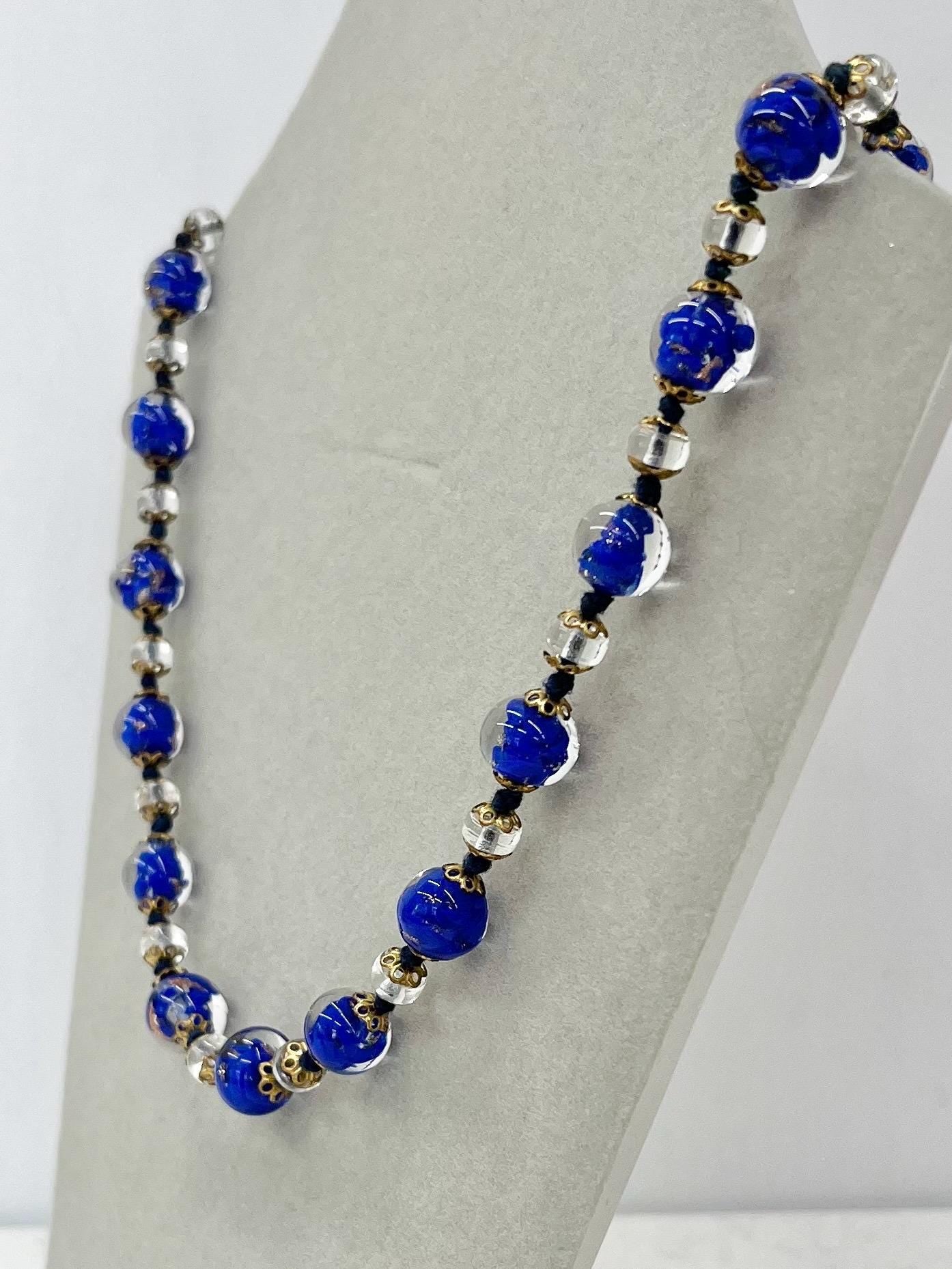 Vintage Venetian Blue & Gold Aventurine Lampwork Glass Bead Hand Knotted Necklace 17.5” Long MillyOliverVintage