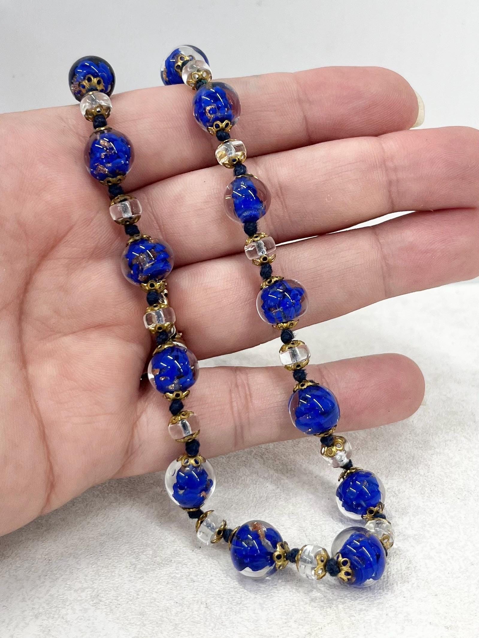 Vintage Venetian Blue & Gold Aventurine Lampwork Glass Bead Hand Knotted Necklace 17.5” Long MillyOliverVintage