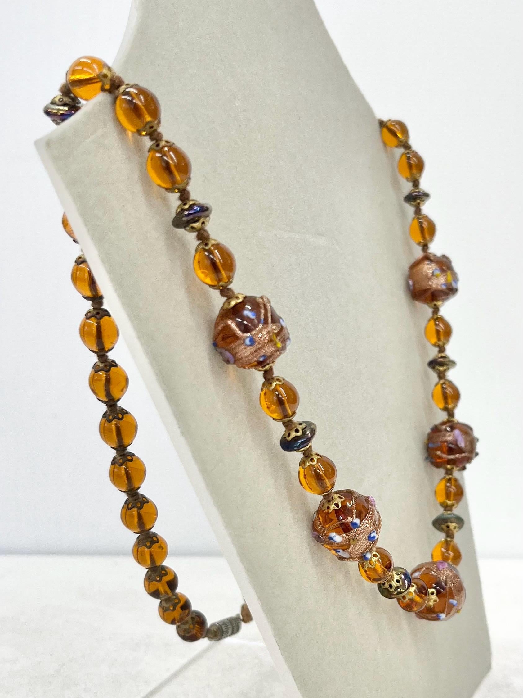 Vintage Venetian Brown & Gold Aventurine Lampwork Glass Wedding Cake Bead Hand Knotted Necklace 25” Long MillyOliverVintage