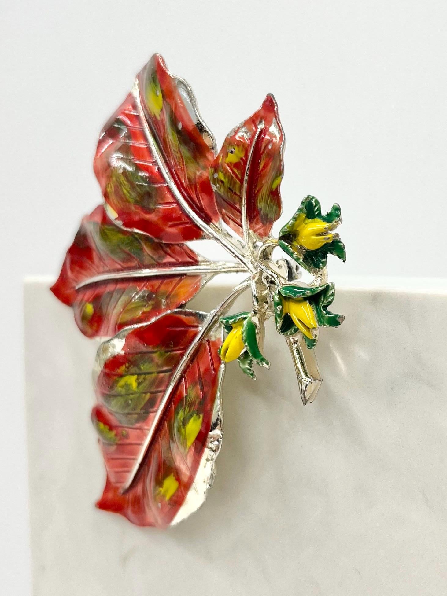 Vintage Exquisite Autumnal Enamelled Leaf & Flower Brooch Silver Tone Large Statement Brooch MillyOliverVintage