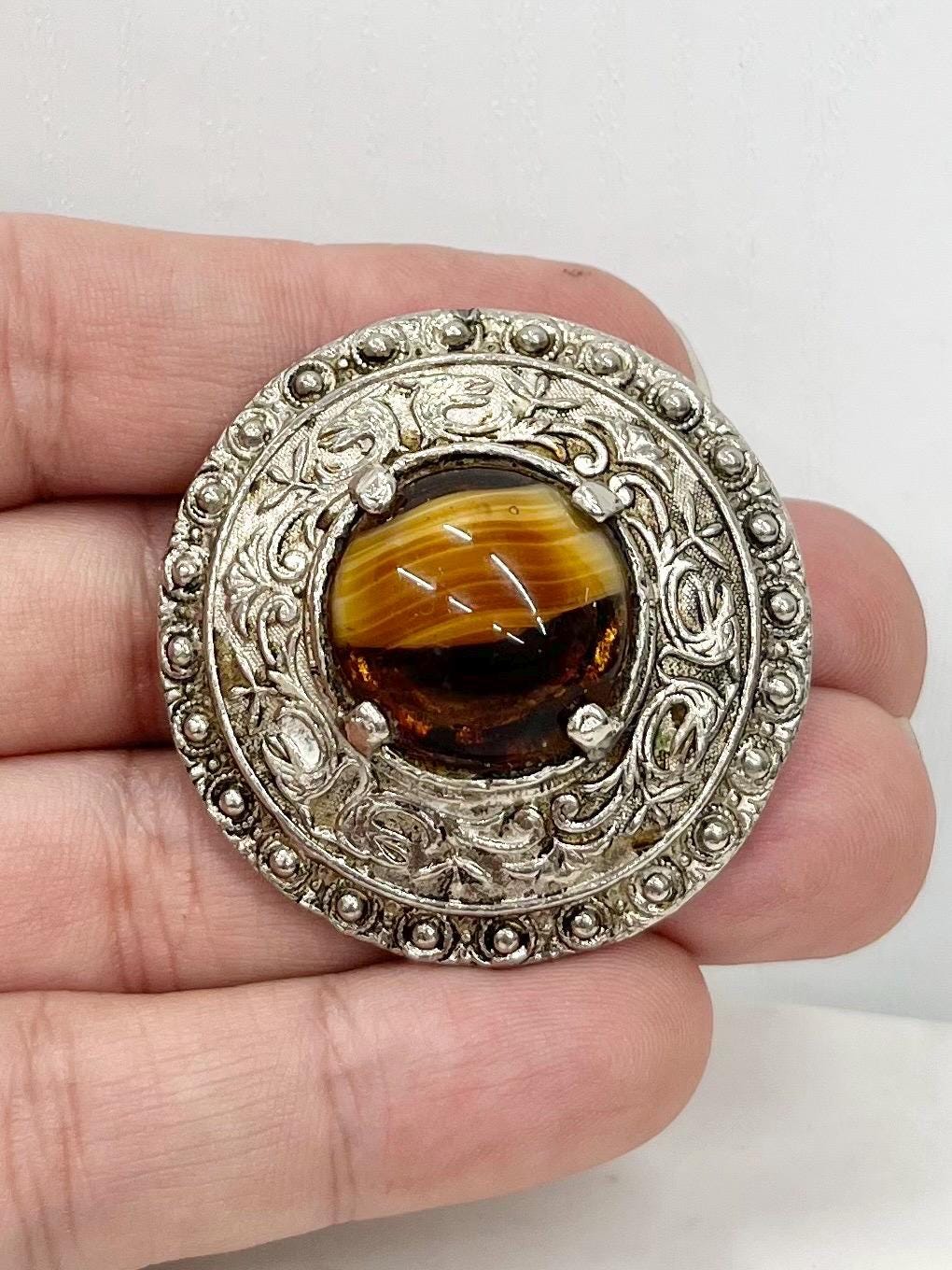 Vintage Hollywood Round Etruscan / Celtic Style Brown Glass Cabochon Brooch Great Quality Vintage Brooch MillyOliverVintage