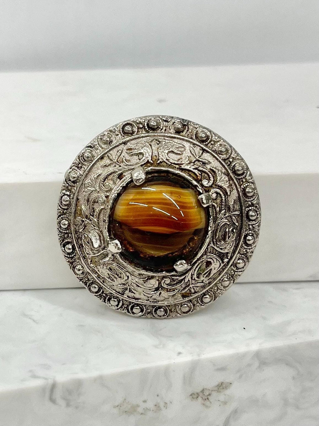 Vintage Hollywood Round Etruscan / Celtic Style Brown Glass Cabochon Brooch Great Quality Vintage Brooch MillyOliverVintage