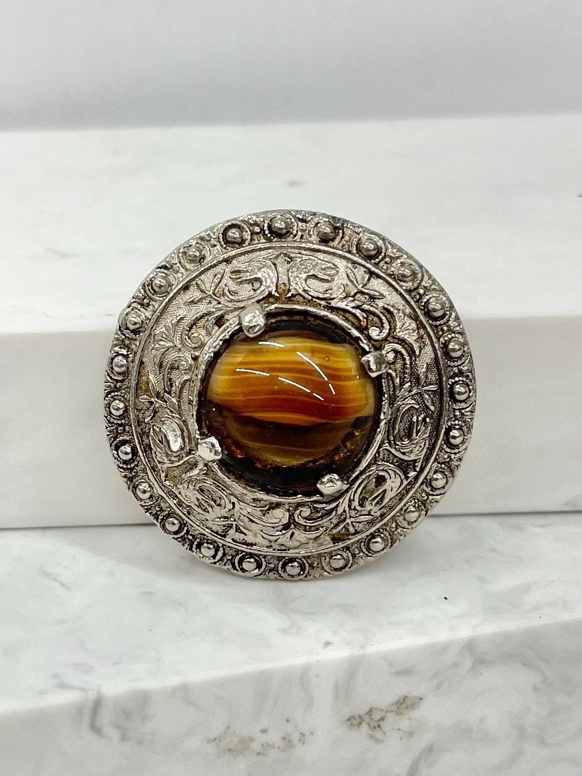 Vintage Hollywood Round Etruscan / Celtic Style Brown Glass Cabochon Brooch Great Quality Vintage Brooch MillyOliverVintage