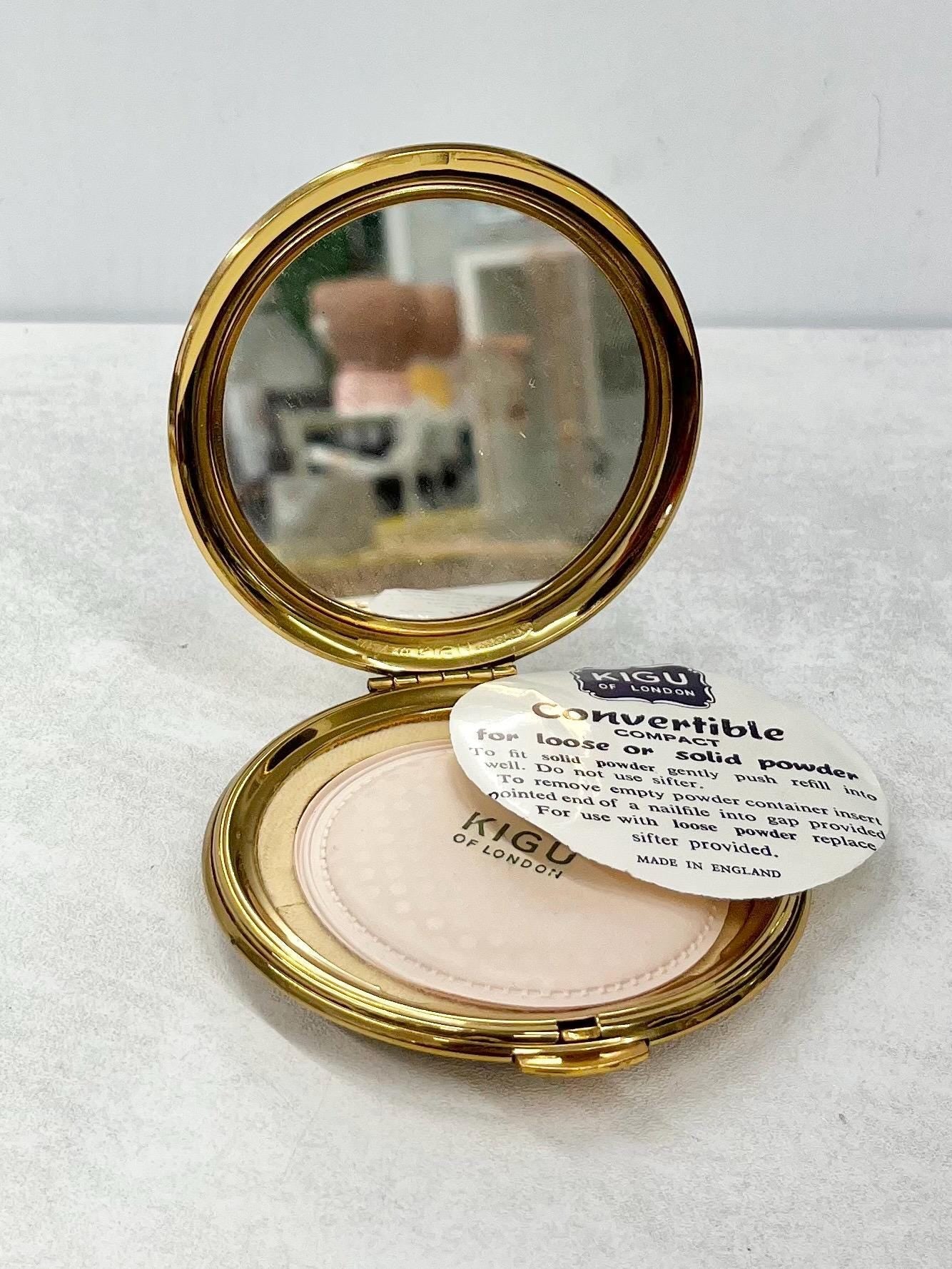 Vintage 1950’s 1960’s Kigu Gold Tone Rose Porcelain Topped Compact with Interior Mirror & Original Instructions Engine Turned Back MillyOliverVintage
