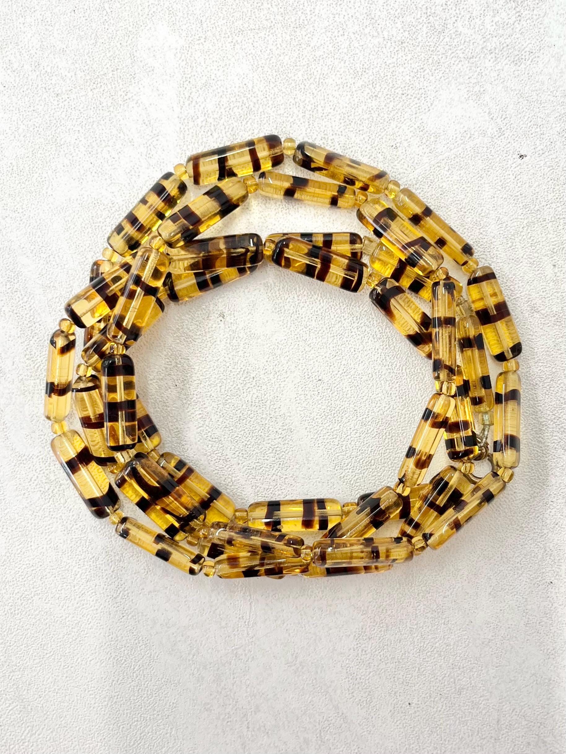 Vintage Topaz Coloured Tigers Stripe Rectangular Glass Bead Long Necklace Excellent Quality Beads Vintage Jewellery 35” MillyOliverVintage