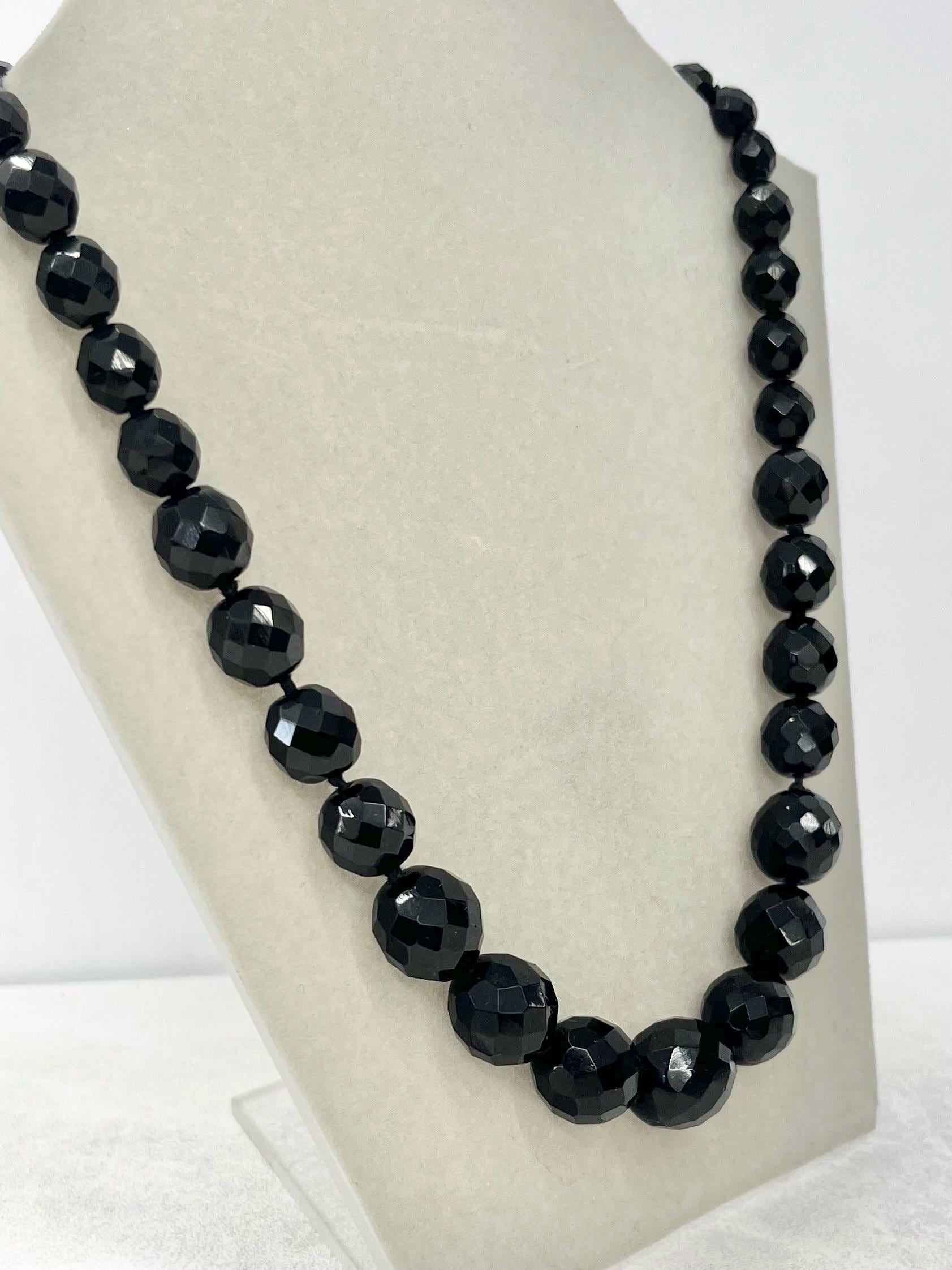 Vintage Hand Knotted Graduated Black Czech Glass Bead Necklace 18” Long with a 4” Extender Chain MillyOliverVintage