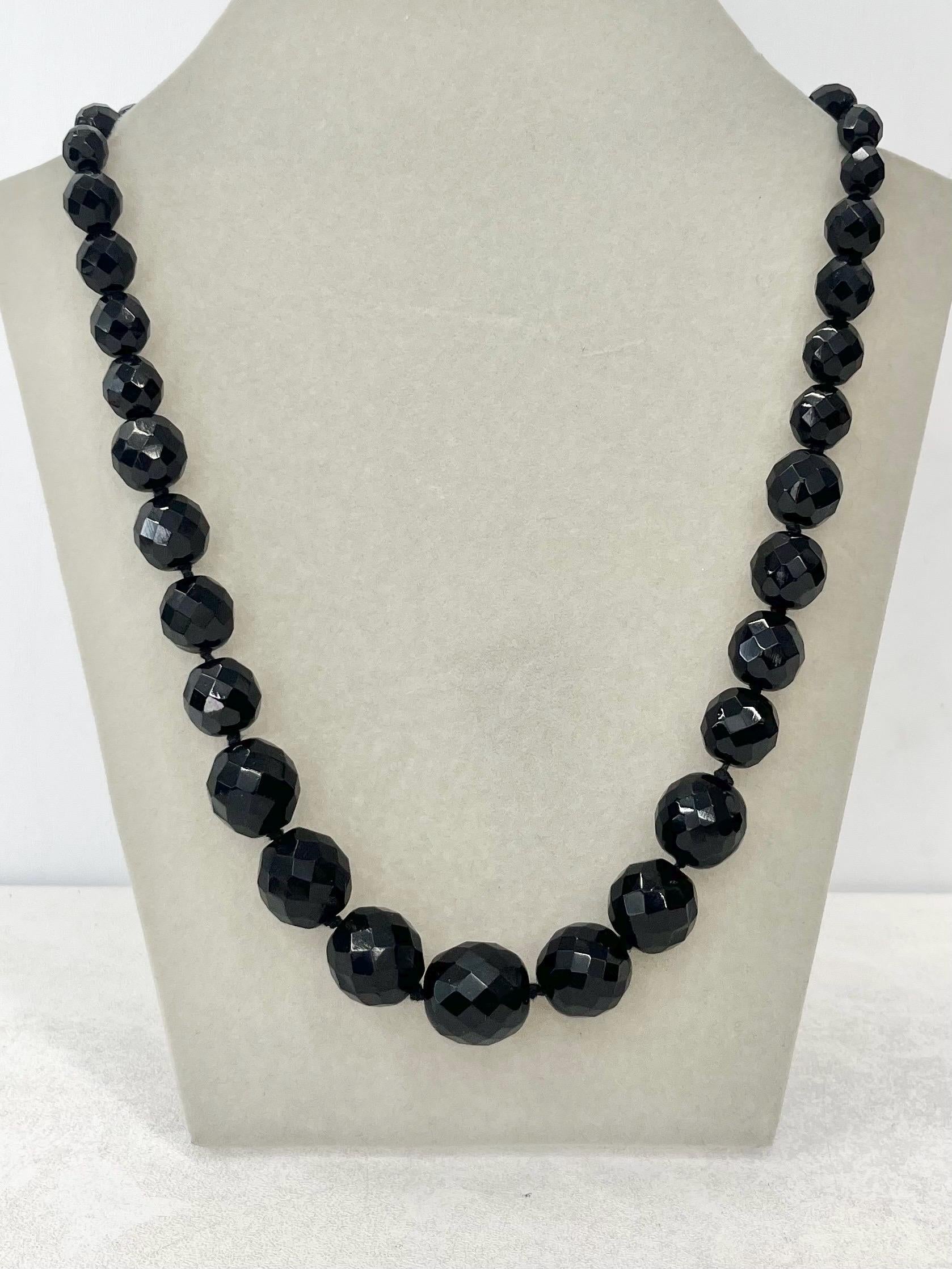 Vintage Hand Knotted Graduated Black Czech Glass Bead Necklace 18” Long with a 4” Extender Chain MillyOliverVintage