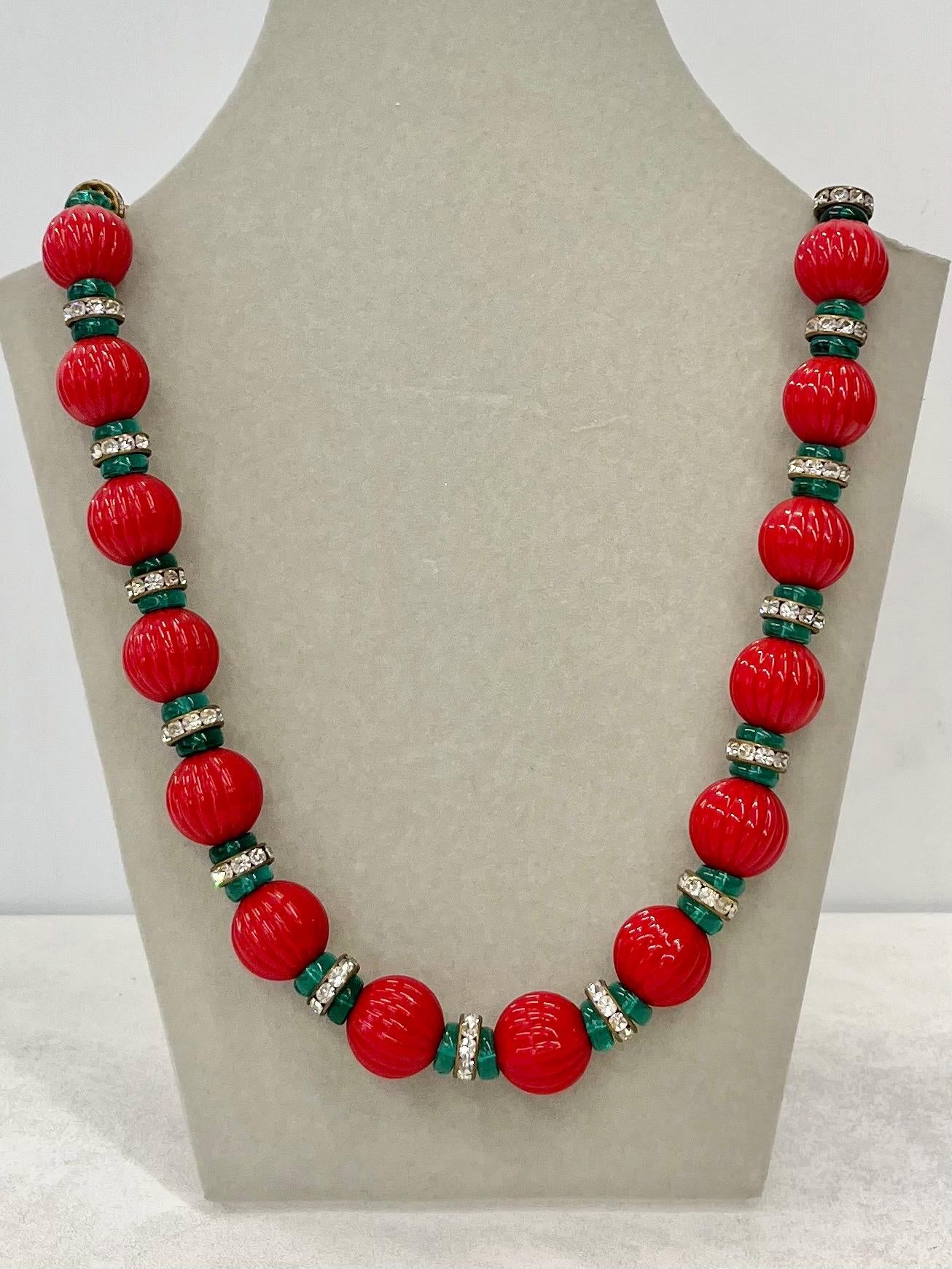Vintage Ribbed Red Green & Diamante Rondelle Bead Necklace Fabulous Christmas Coloured Chunky Necklace 24” MillyOliverVintage