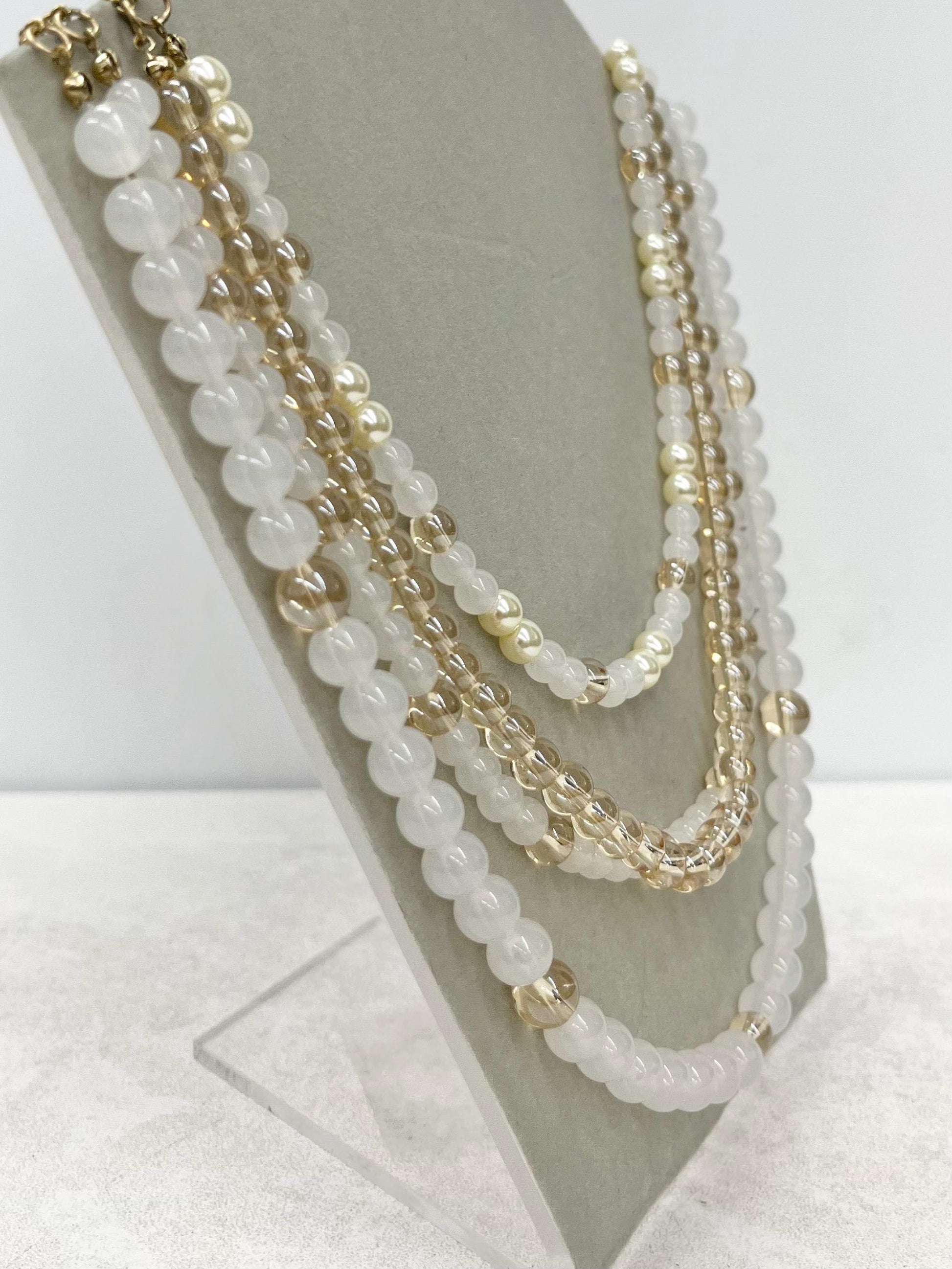 Handmade Multi Four Strand Czech Glass Bead & Pearl Necklace White Opal and Champagne Coloured Beads 18” MillyOliverVintage