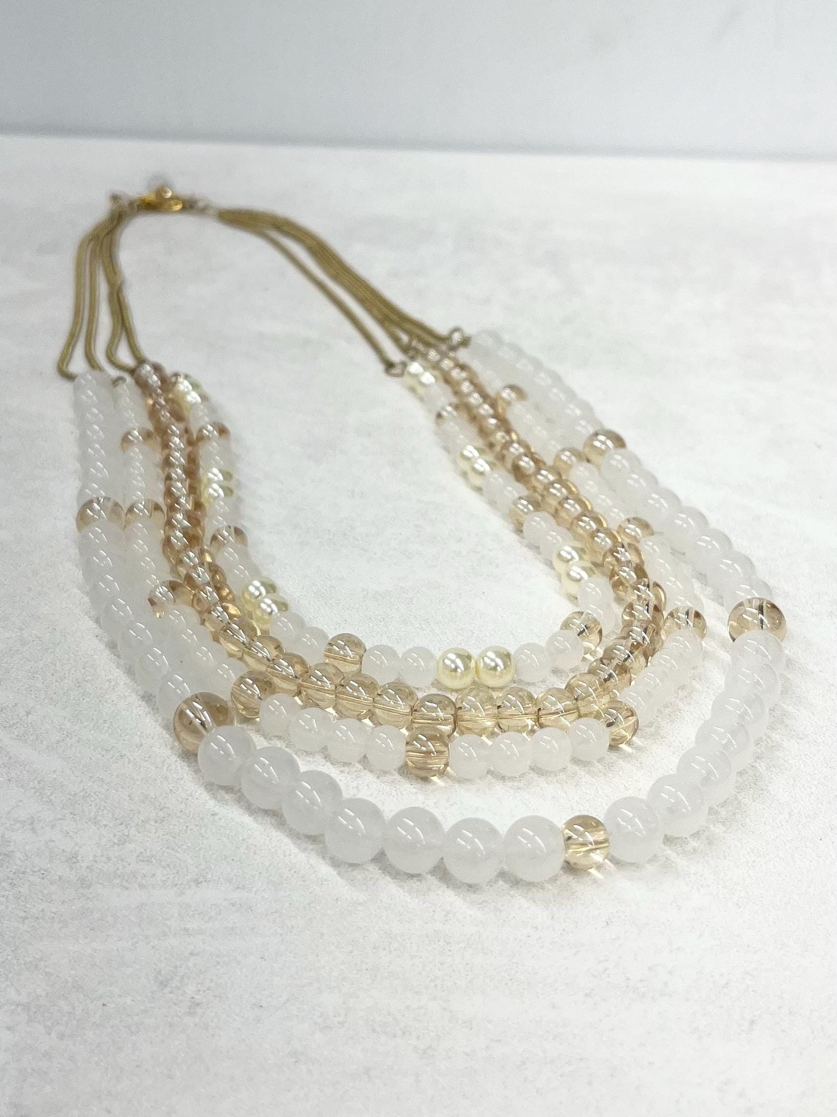 Handmade Multi Four Strand Czech Glass Bead & Pearl Necklace White Opal and Champagne Coloured Beads 18” MillyOliverVintage