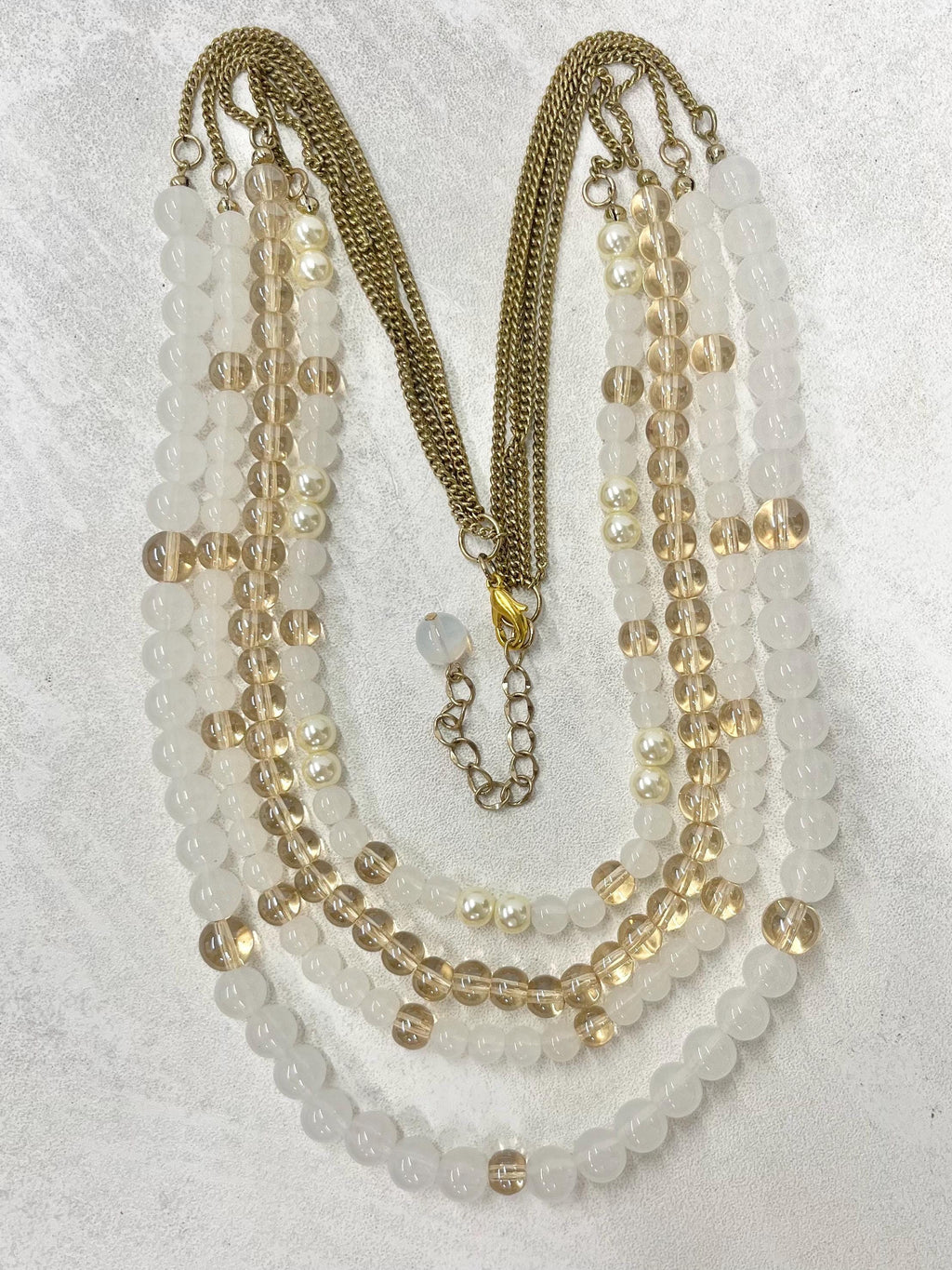 Handmade Multi Four Strand Czech Glass Bead & Pearl Necklace White Opal and Champagne Coloured Beads 18” MillyOliverVintage