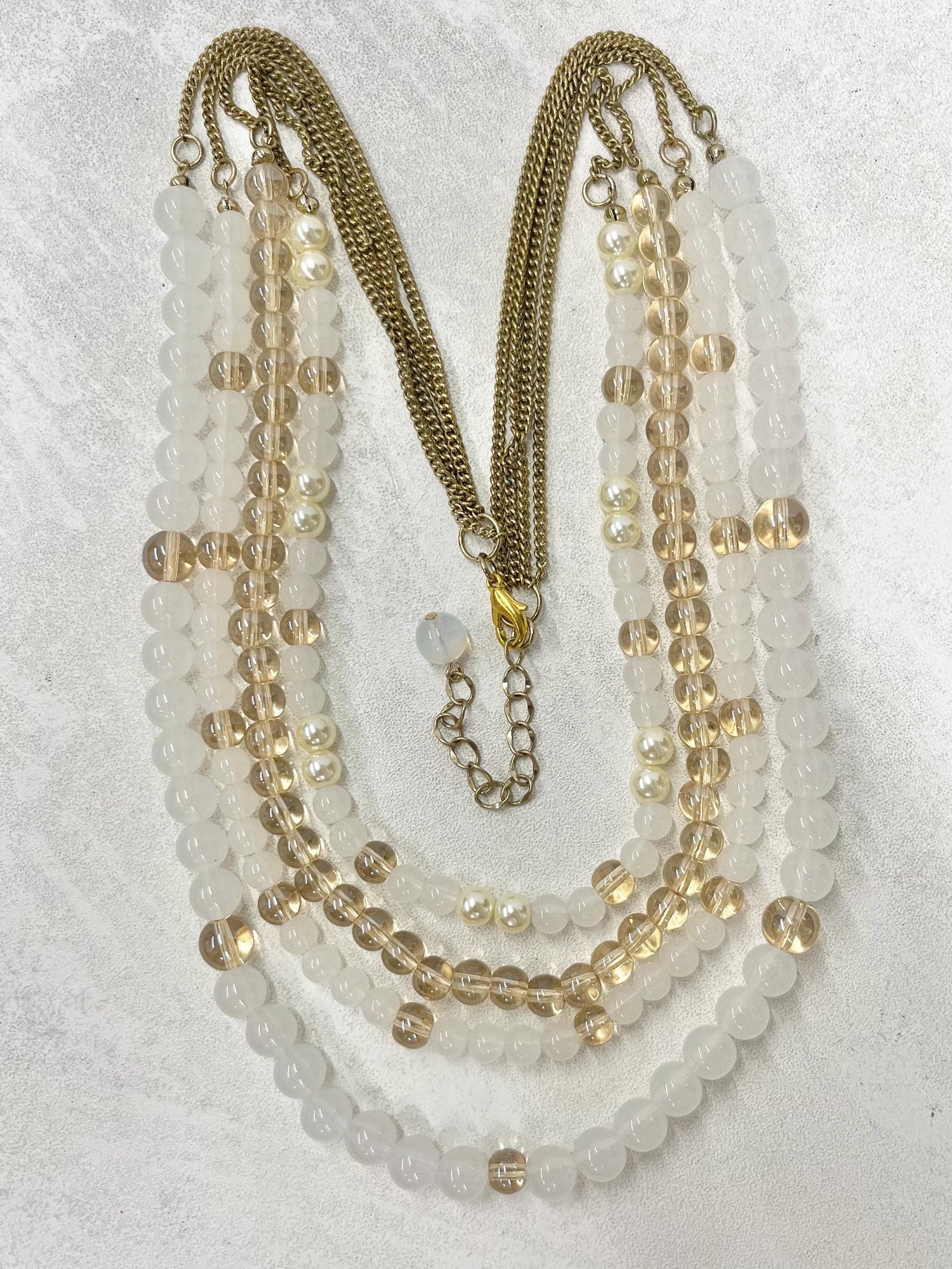 Handmade Multi Four Strand Czech Glass Bead & Pearl Necklace White Opal and Champagne Coloured Beads 18” MillyOliverVintage