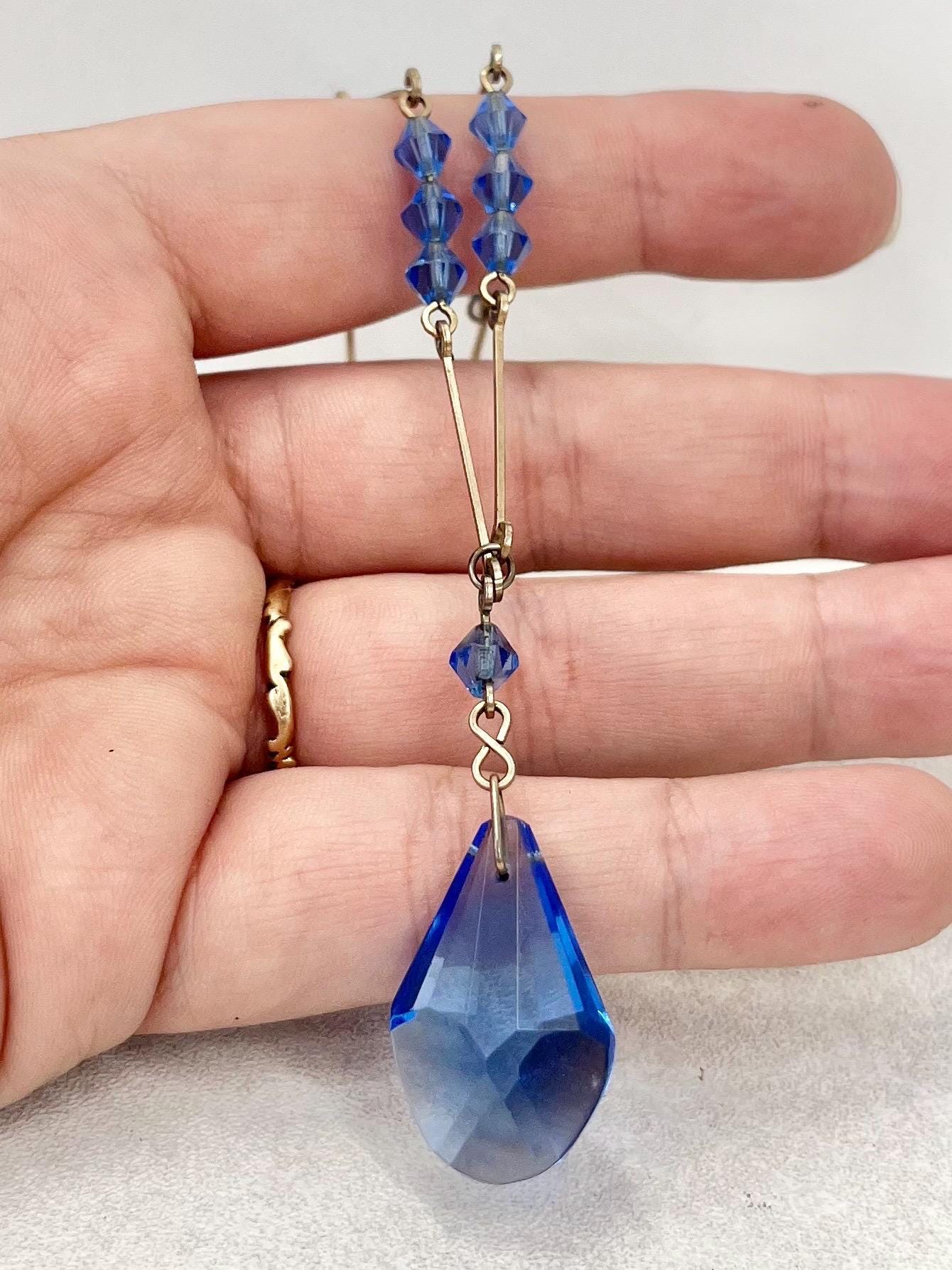 Vintage Sapphire Blue Glass Gold Filled Art Deco Pendant Drop Necklace 15” Long MillyOliverVintage