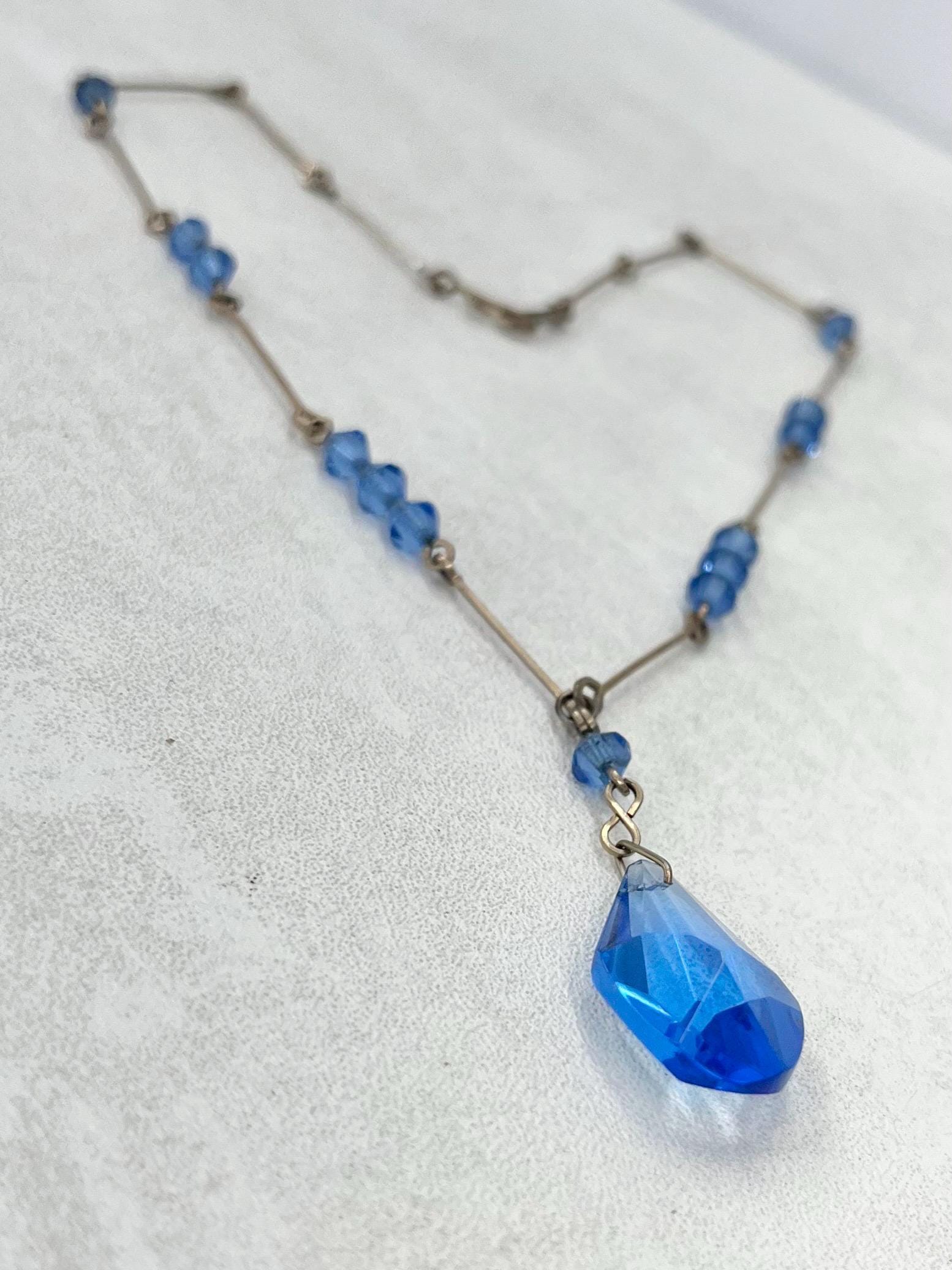 Vintage Sapphire Blue Glass Gold Filled Art Deco Pendant Drop Necklace 15” Long MillyOliverVintage