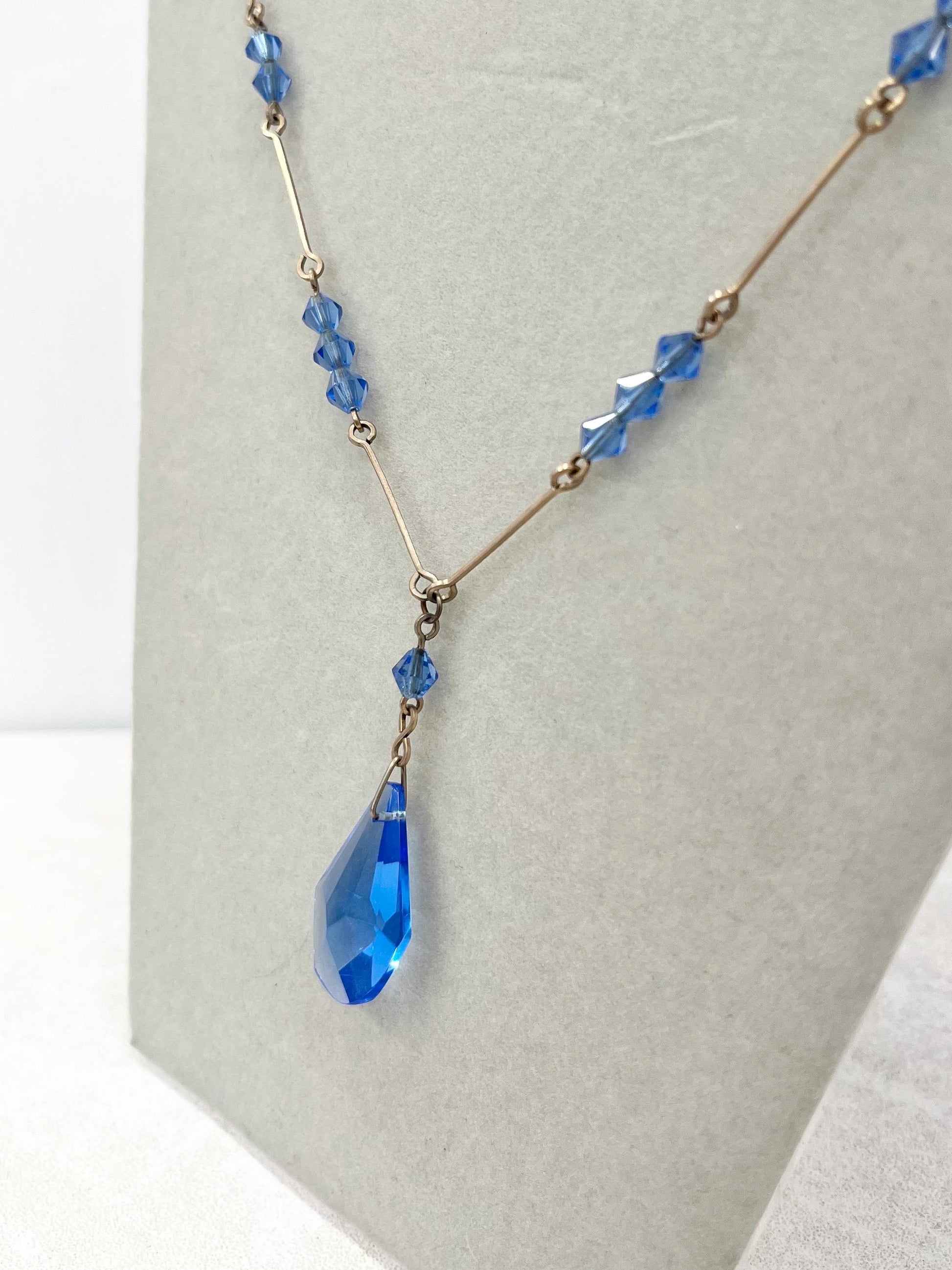 Vintage Sapphire Blue Glass Gold Filled Art Deco Pendant Drop Necklace 15” Long MillyOliverVintage