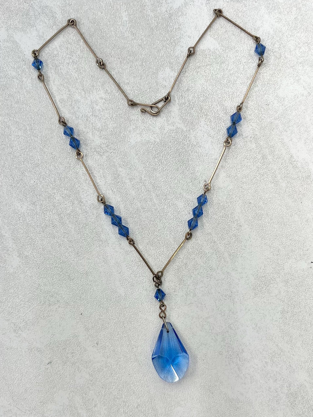 Vintage Sapphire Blue Glass Gold Filled Art Deco Pendant Drop Necklace 15” Long MillyOliverVintage