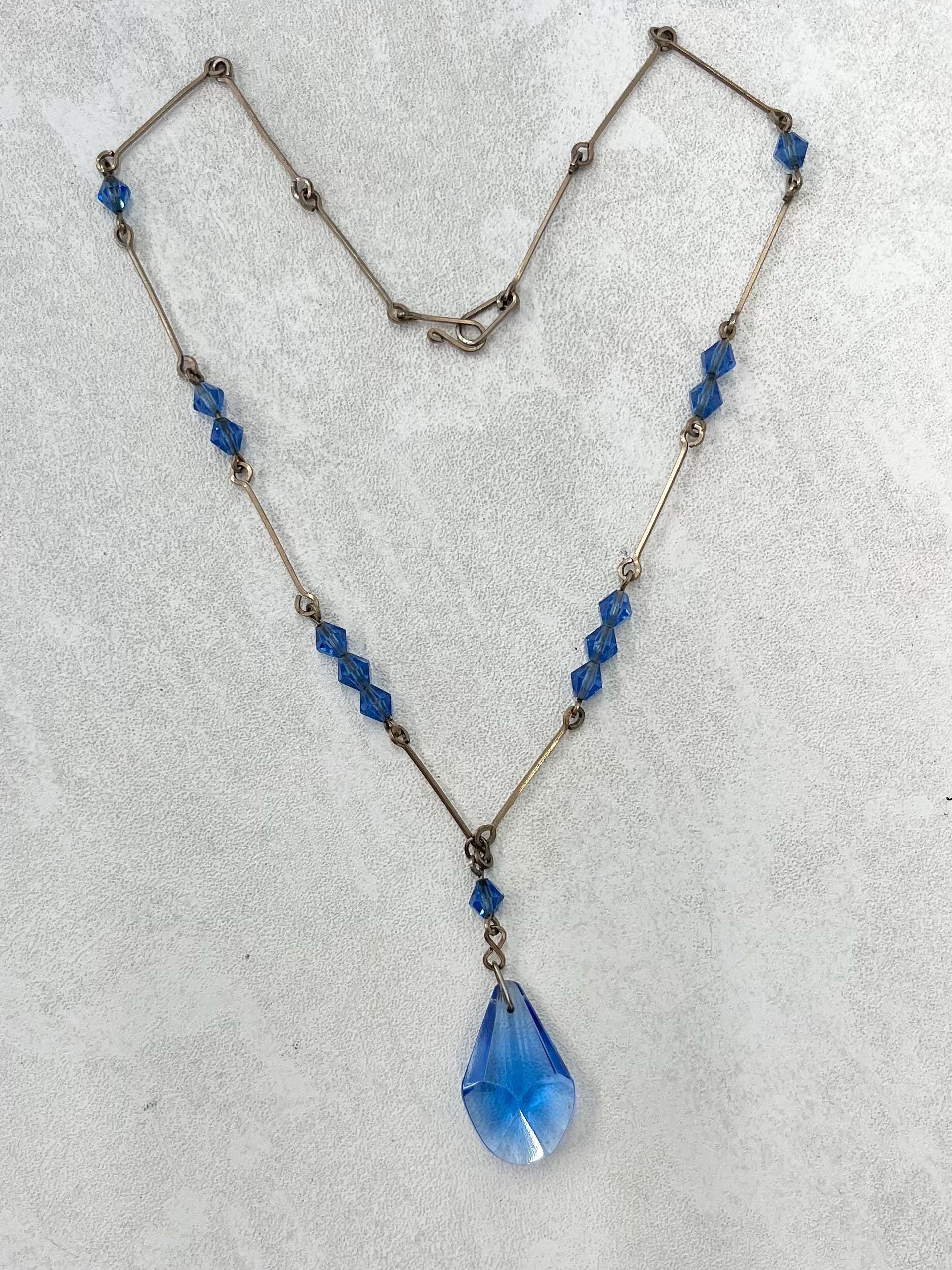 Vintage Sapphire Blue Glass Gold Filled Art Deco Pendant Drop Necklace 15” Long MillyOliverVintage