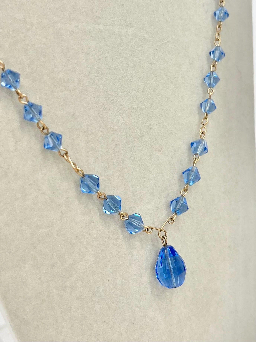 Vintage Sapphire Blue Glass Gold Filled Art Deco Pendant Drop Necklace 17” Long MillyOliverVintage