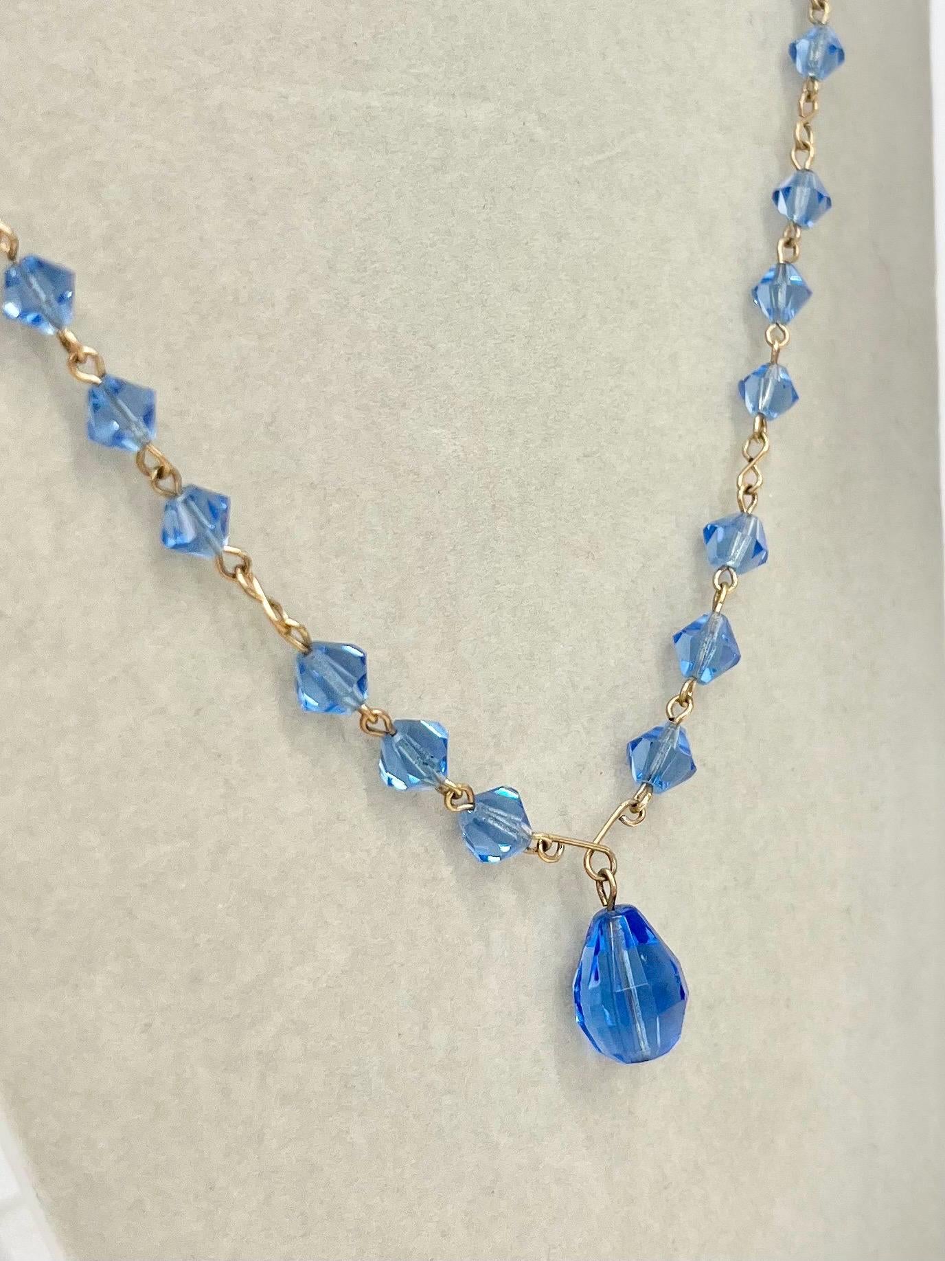 Vintage Sapphire Blue Glass Gold Filled Art Deco Pendant Drop Necklace 17” Long MillyOliverVintage
