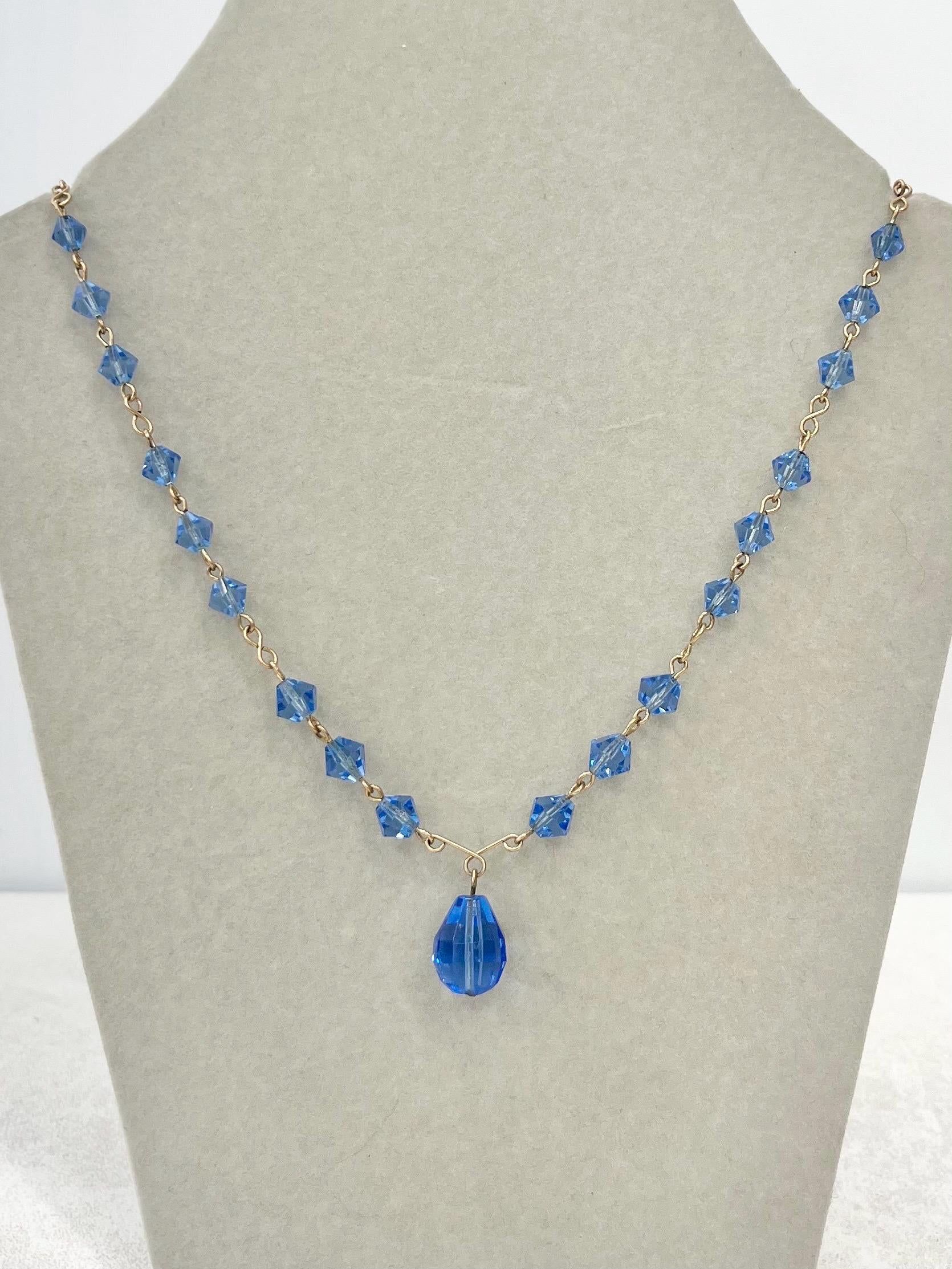 Vintage Sapphire Blue Glass Gold Filled Art Deco Pendant Drop Necklace 17” Long MillyOliverVintage