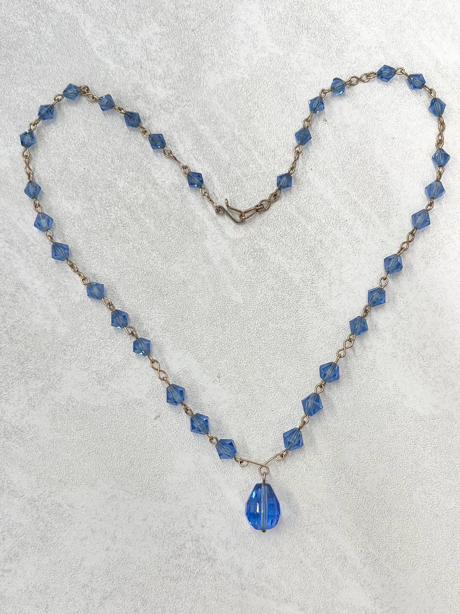 Vintage Sapphire Blue Glass Gold Filled Art Deco Pendant Drop Necklace 17” Long MillyOliverVintage