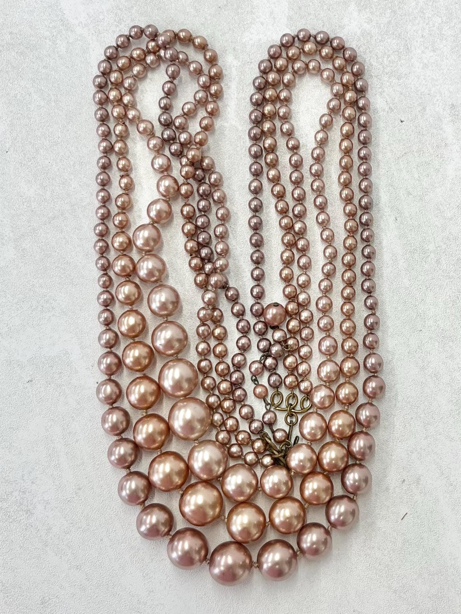 Vintage 1960’s Three Strand Glass Pearl Bead Necklace ln Peach Coloured Tones 32” Long Statement Piece MillyOliverVintage