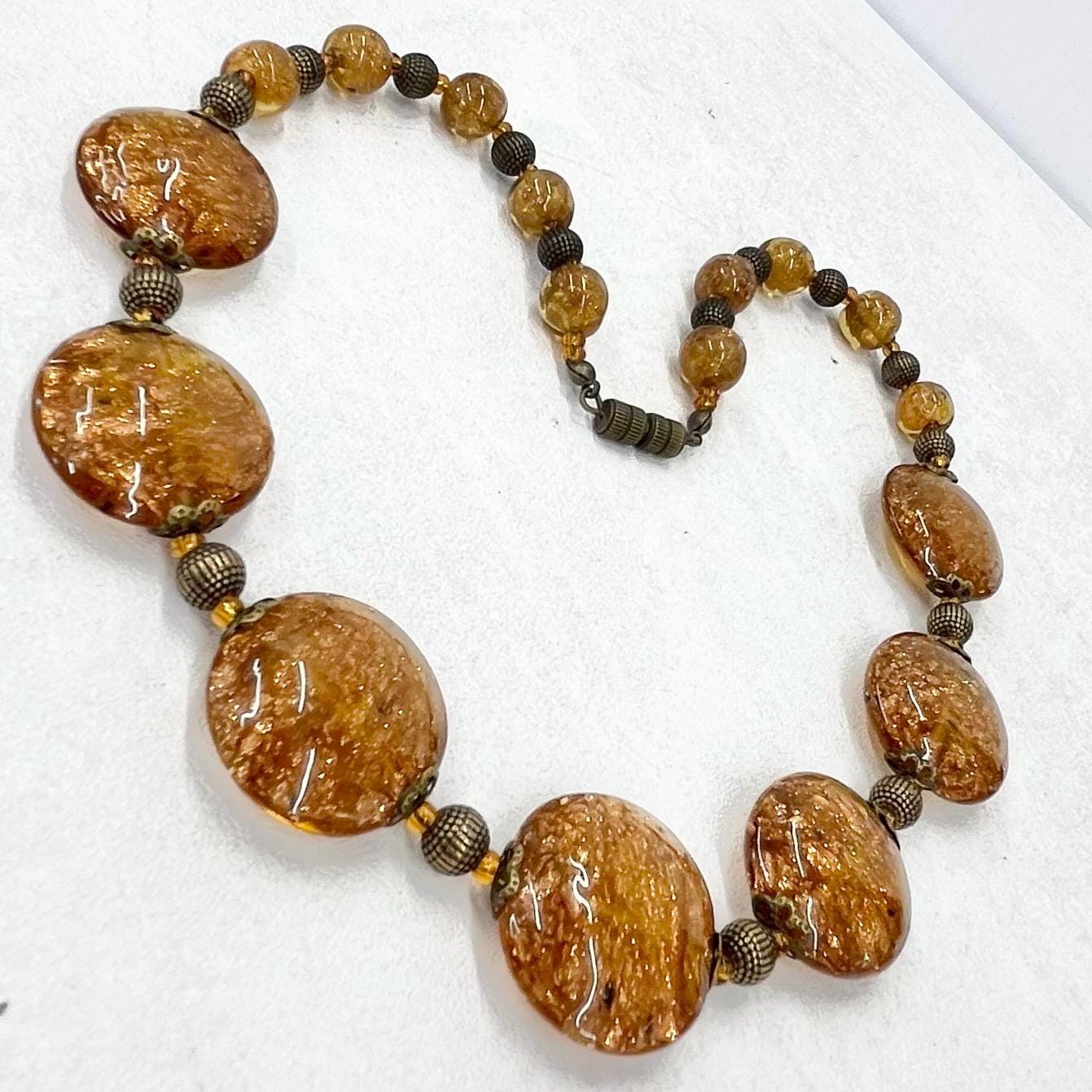Vintage Venetian Brown Amber & Gold Aventurine Lampwork Glass Bead Necklace 17” Long Excellent Quality Beads MillyOliverVintage
