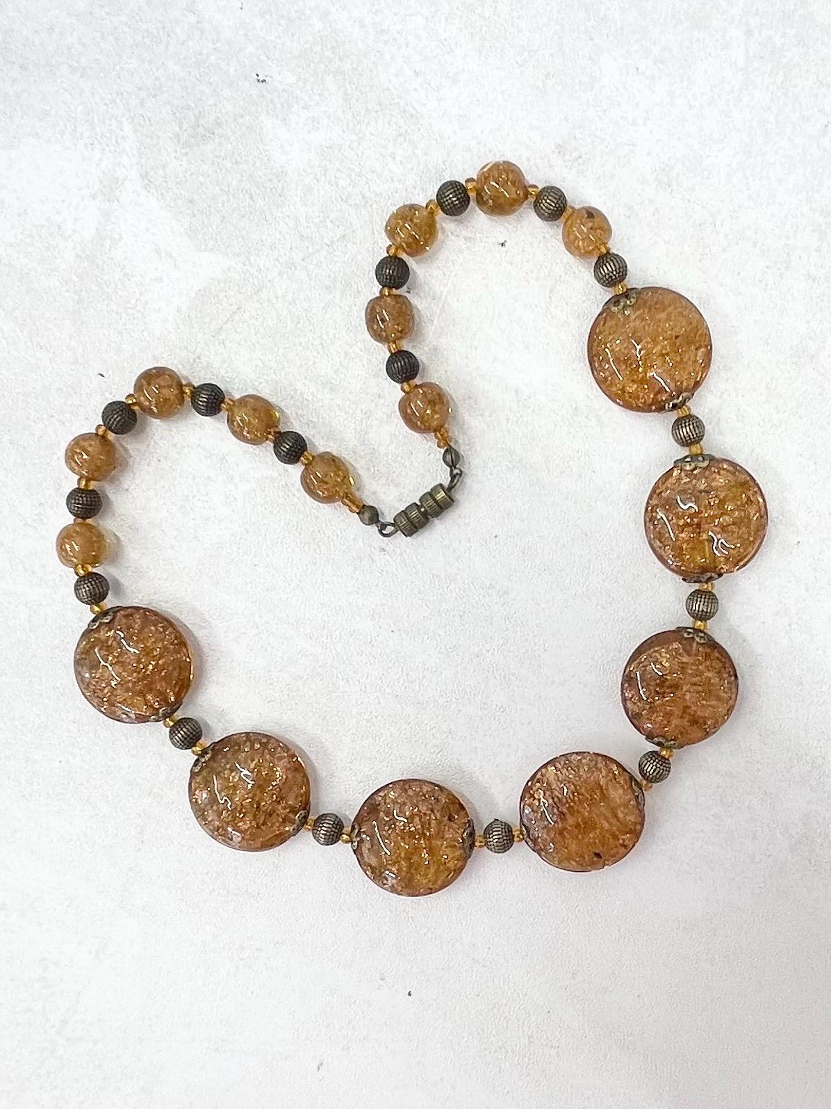 Vintage Venetian Brown Amber & Gold Aventurine Lampwork Glass Bead Necklace 17” Long Excellent Quality Beads MillyOliverVintage