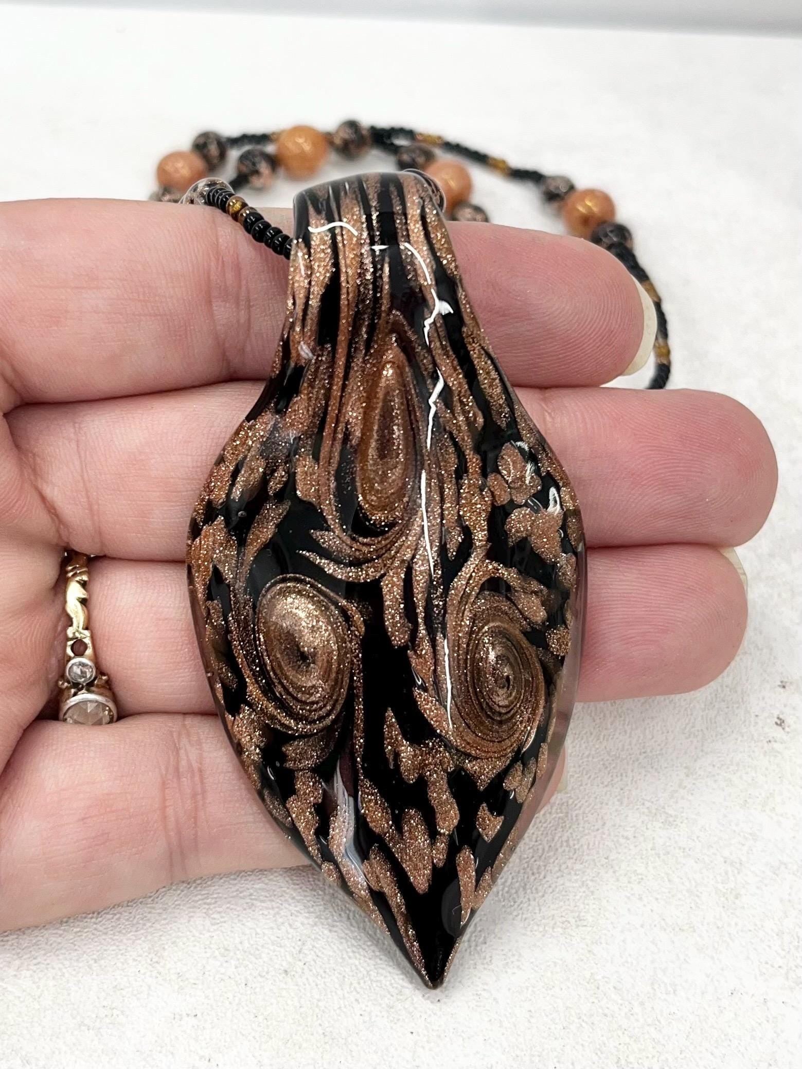 Vintage Murano Glass Brown Amber & Gold Aventurine Lampwork Bead Necklace Pendant 16” Long Excellent Quality Beads MillyOliverVintage