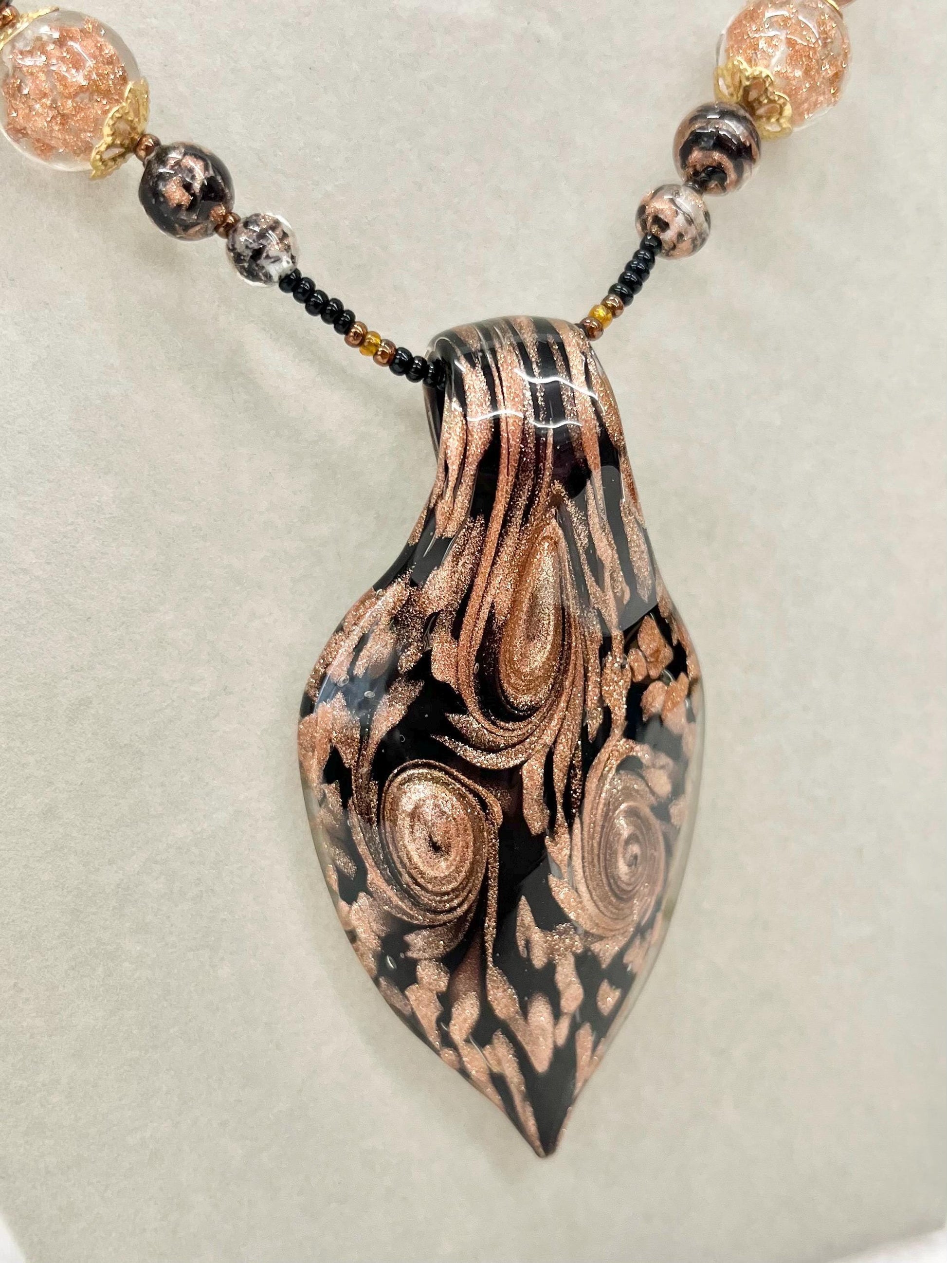 Vintage Murano Glass Brown Amber & Gold Aventurine Lampwork Bead Necklace Pendant 16” Long Excellent Quality Beads MillyOliverVintage