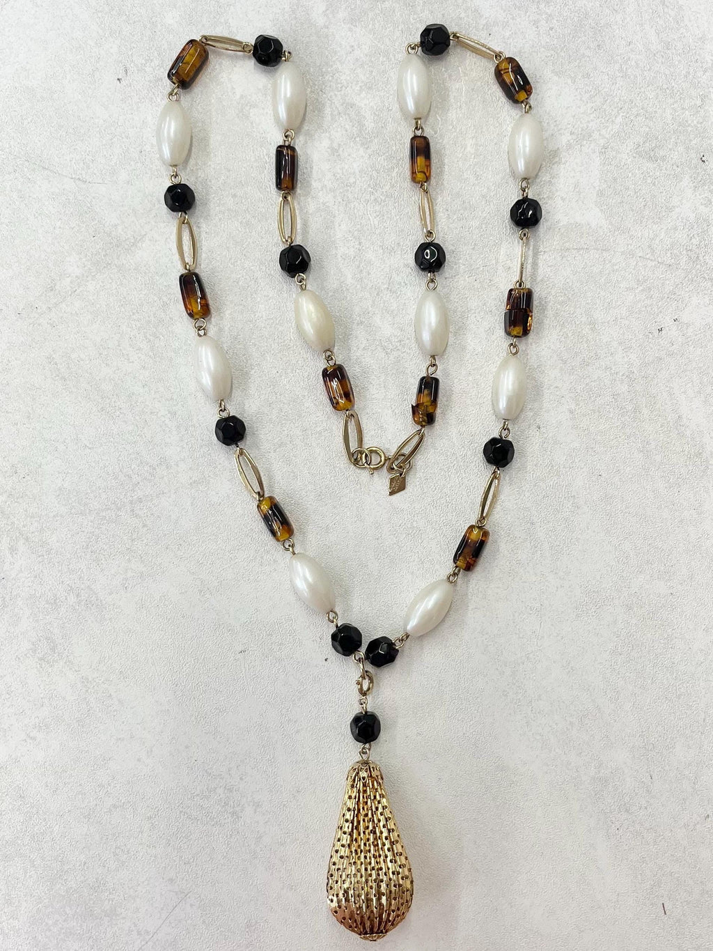 Vintage 1970’s Sarah Coventry Necklace Brown Black & Cream Pearl Beads with a Gold Tone Mesh Drop Pendant 26” Long with a 3” Drop MillyOliverVintage