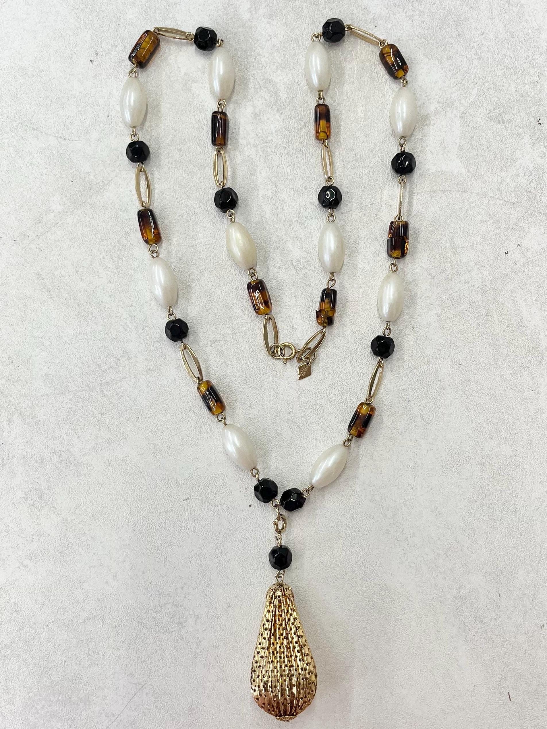 Vintage 1970’s Sarah Coventry Necklace Brown Black & Cream Pearl Beads with a Gold Tone Mesh Drop Pendant 26” Long with a 3” Drop MillyOliverVintage