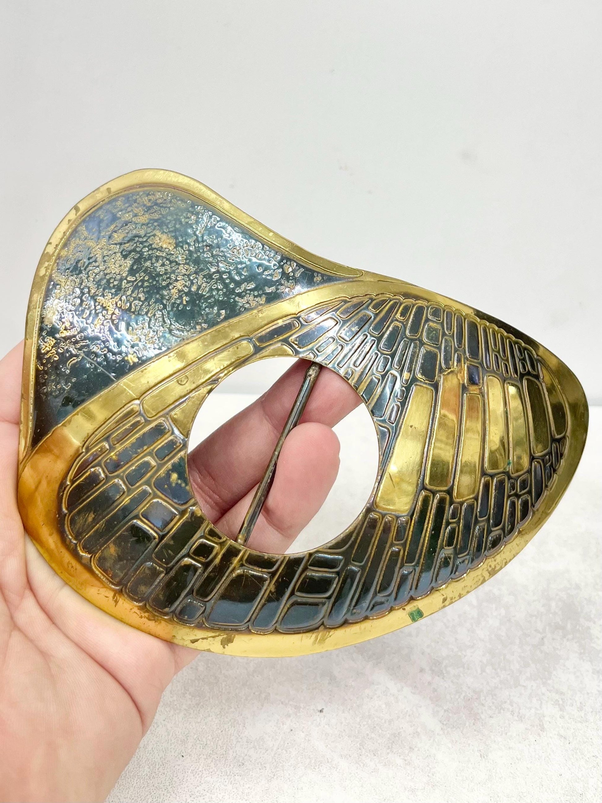 Vintage Huge Brass Hammered Finished Deco Style Belt Buckle MillyOliverVintage