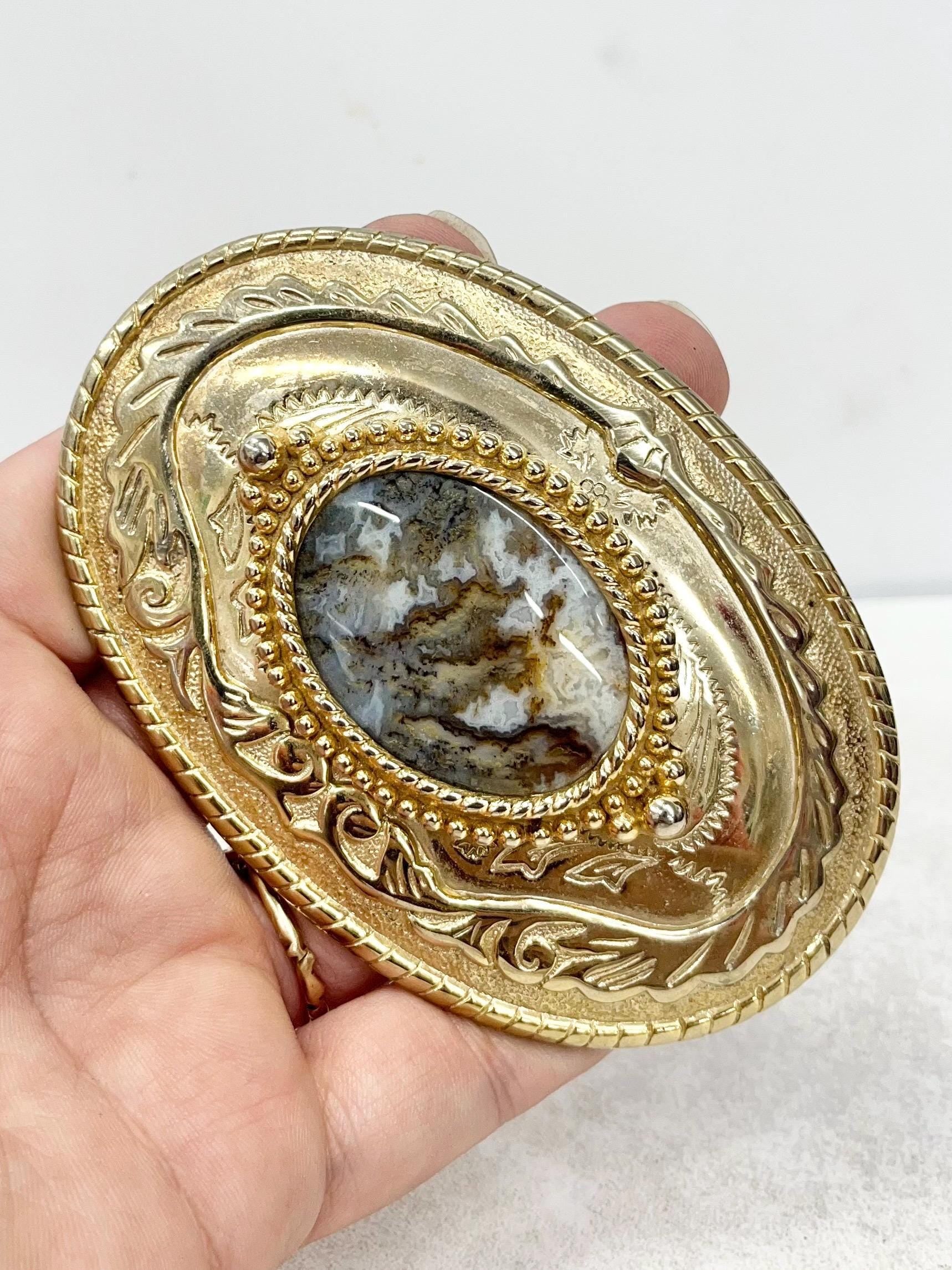 Vintage Heavy Brass Real Agate Semi Precious Gemstone Belt Buckle MillyOliverVintage