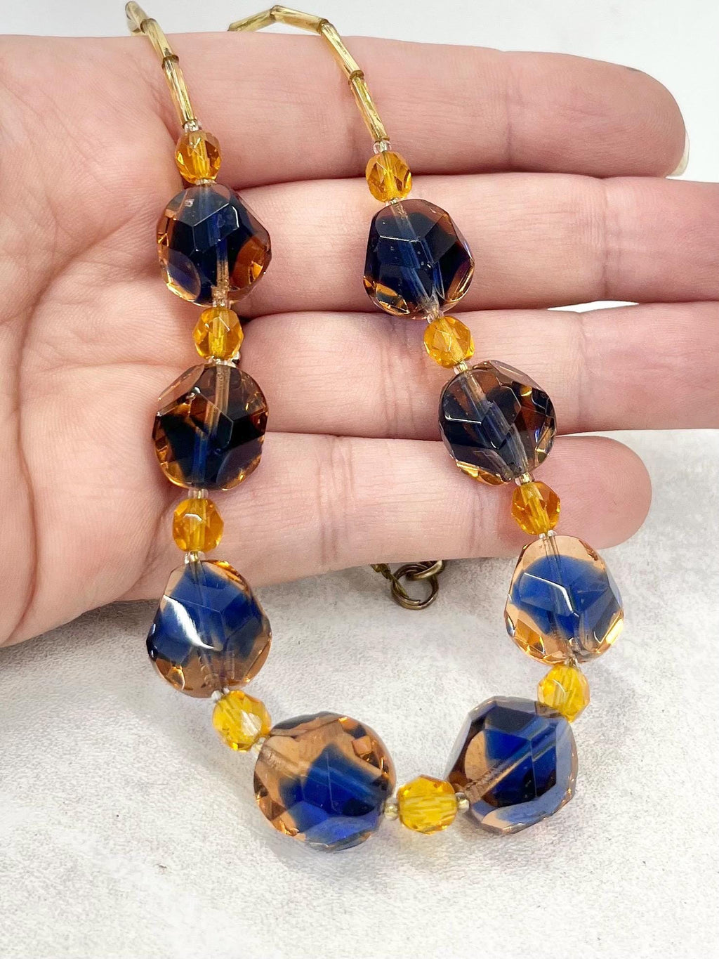 Vintage Navy Blue & Peach Czech Glass Bead Necklace 19” with a 2” Extender Chain MillyOliverVintage