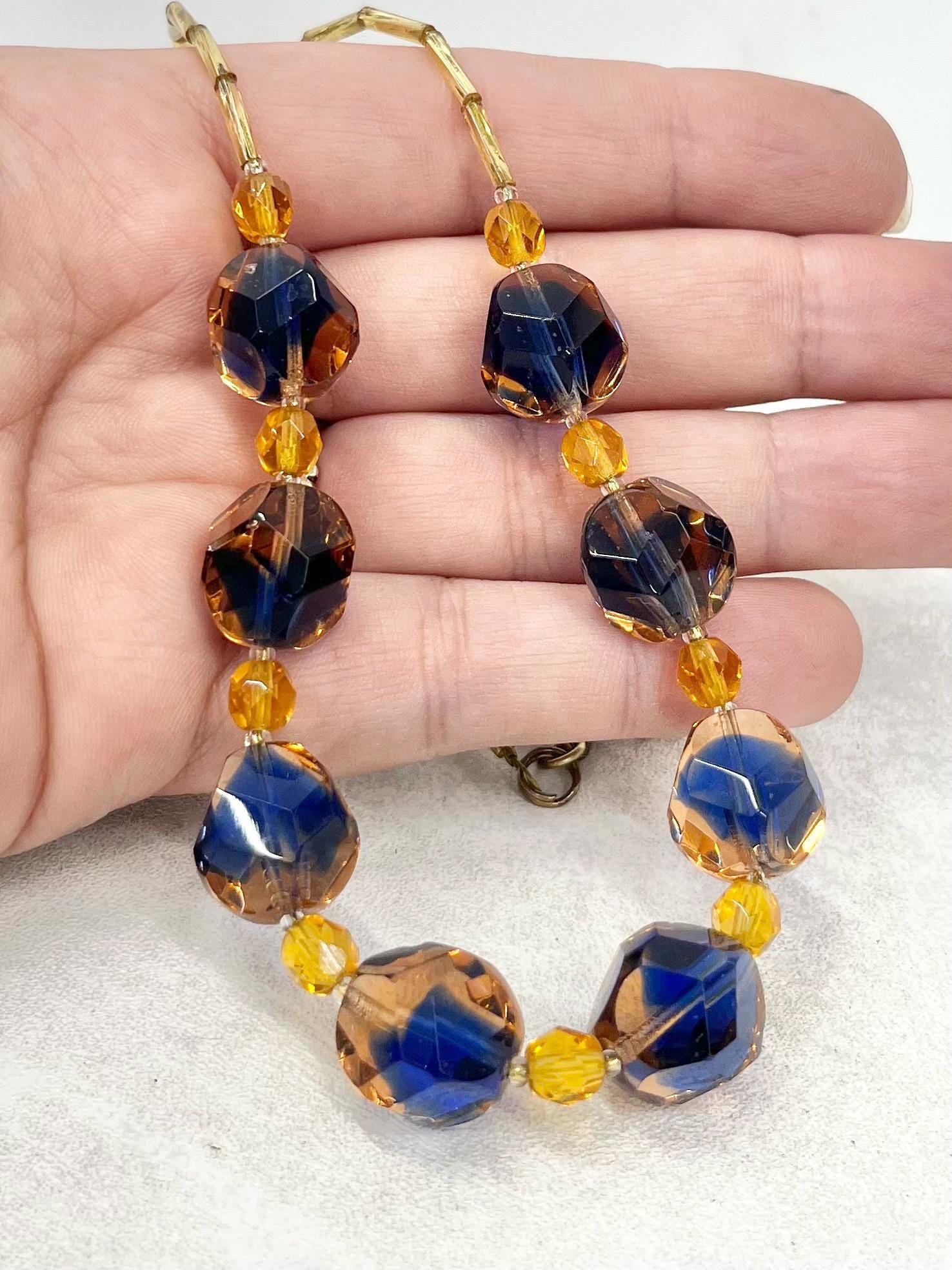 Vintage Navy Blue & Peach Czech Glass Bead Necklace 19” with a 2” Extender Chain MillyOliverVintage