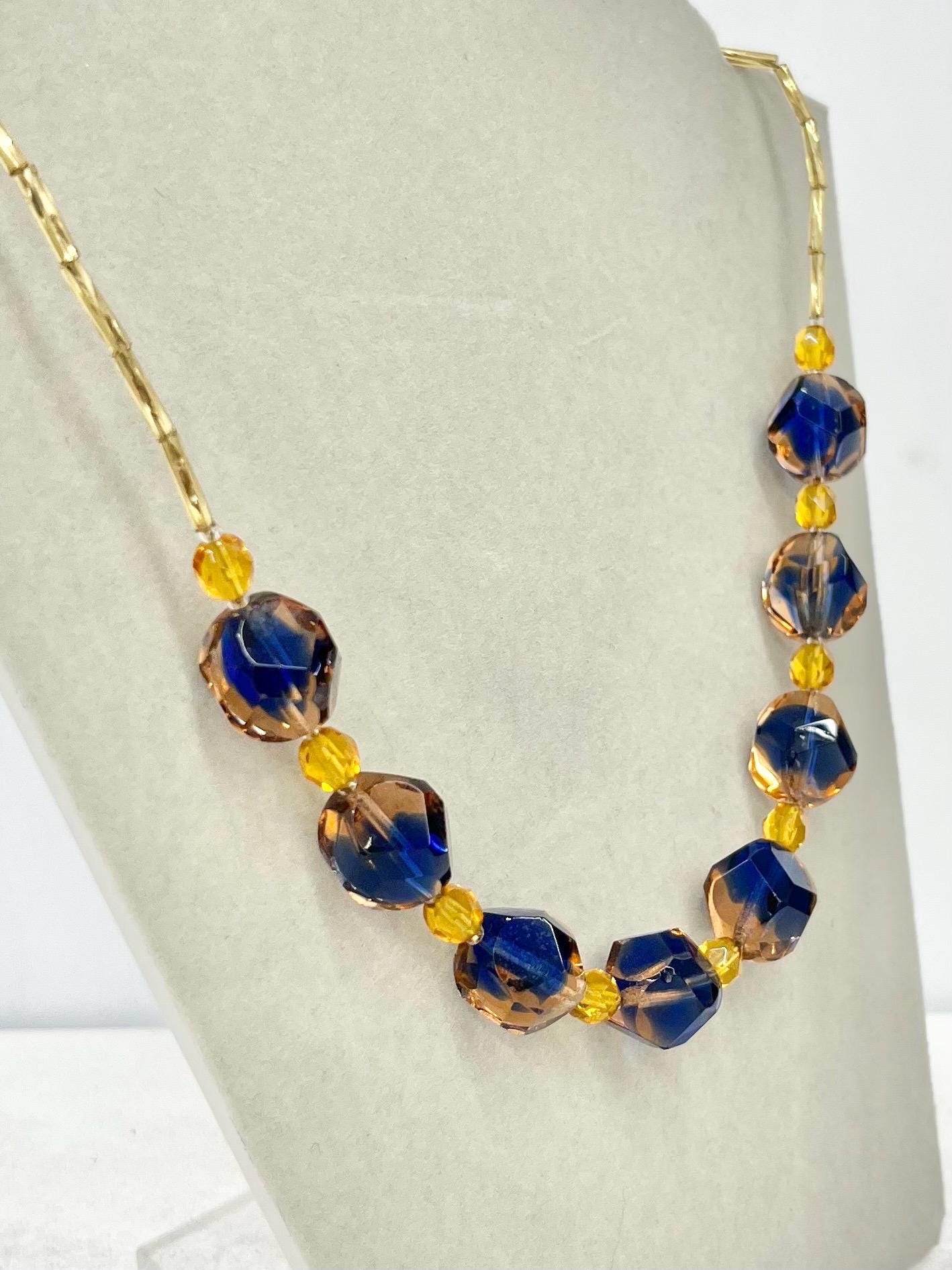 Vintage Navy Blue & Peach Czech Glass Bead Necklace 19” with a 2” Extender Chain MillyOliverVintage