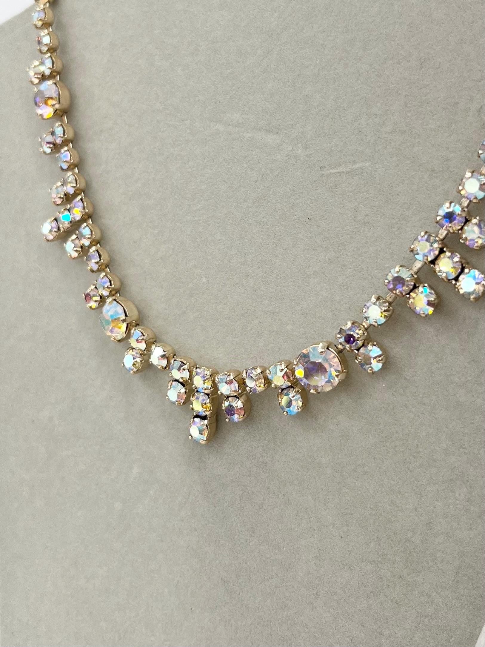 Vintage Silver Tone Dainty Aurora Borealis Drop Crystal Paste Necklace 1960’s Beautiful Rainbow Sparkles 18” MillyOliverVintage