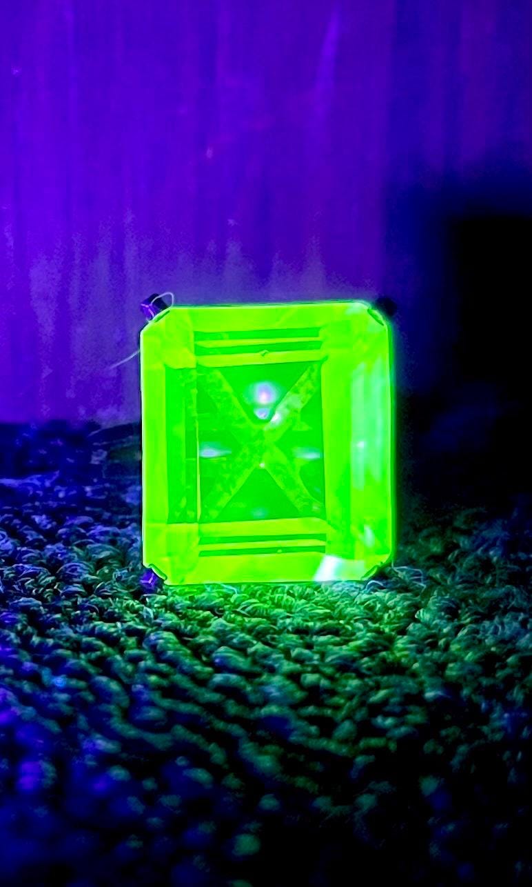 Vintage Uranium Glass Huge Emerald Rectangle Cut Crystal Dress Ring in Yellow / Gold Metal size O Super Bright Glow Under UV Light MillyOliverVintage