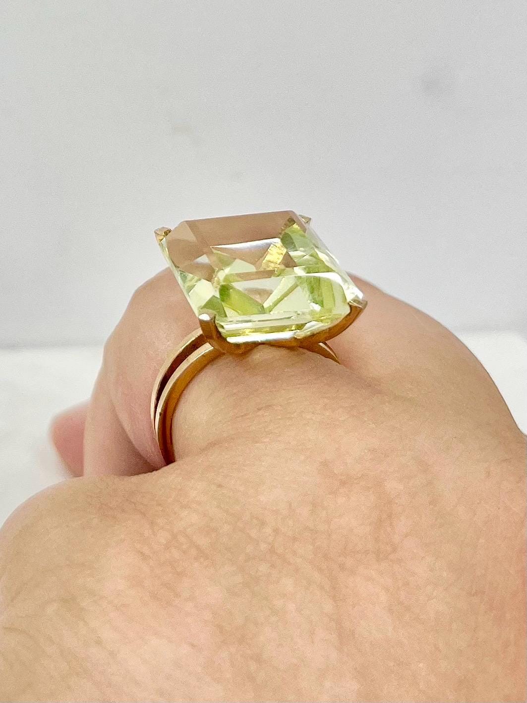 Vintage Uranium Glass Huge Emerald Rectangle Cut Crystal Dress Ring in Yellow / Gold Metal size O Super Bright Glow Under UV Light MillyOliverVintage