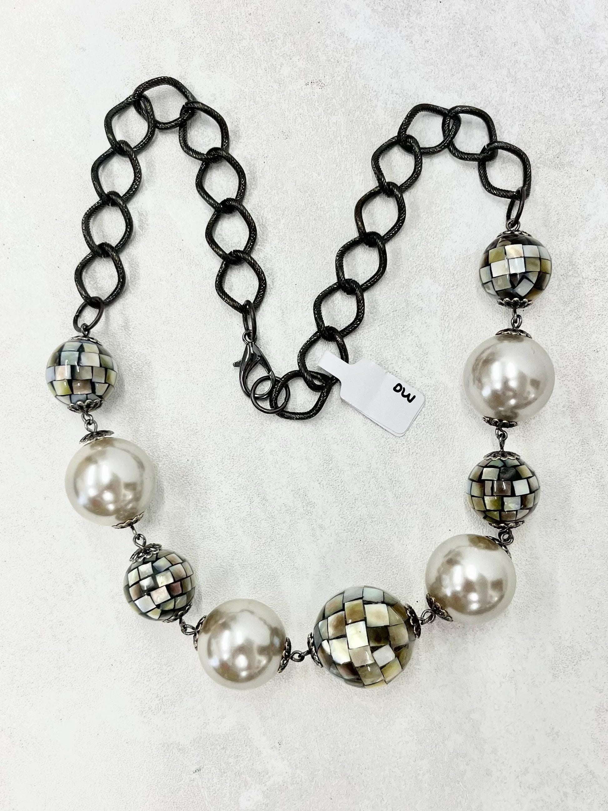 Chunky Faux Pearl & Shell Mosaic Bead Necklace - by Milly Oliver MillyOliverVintage