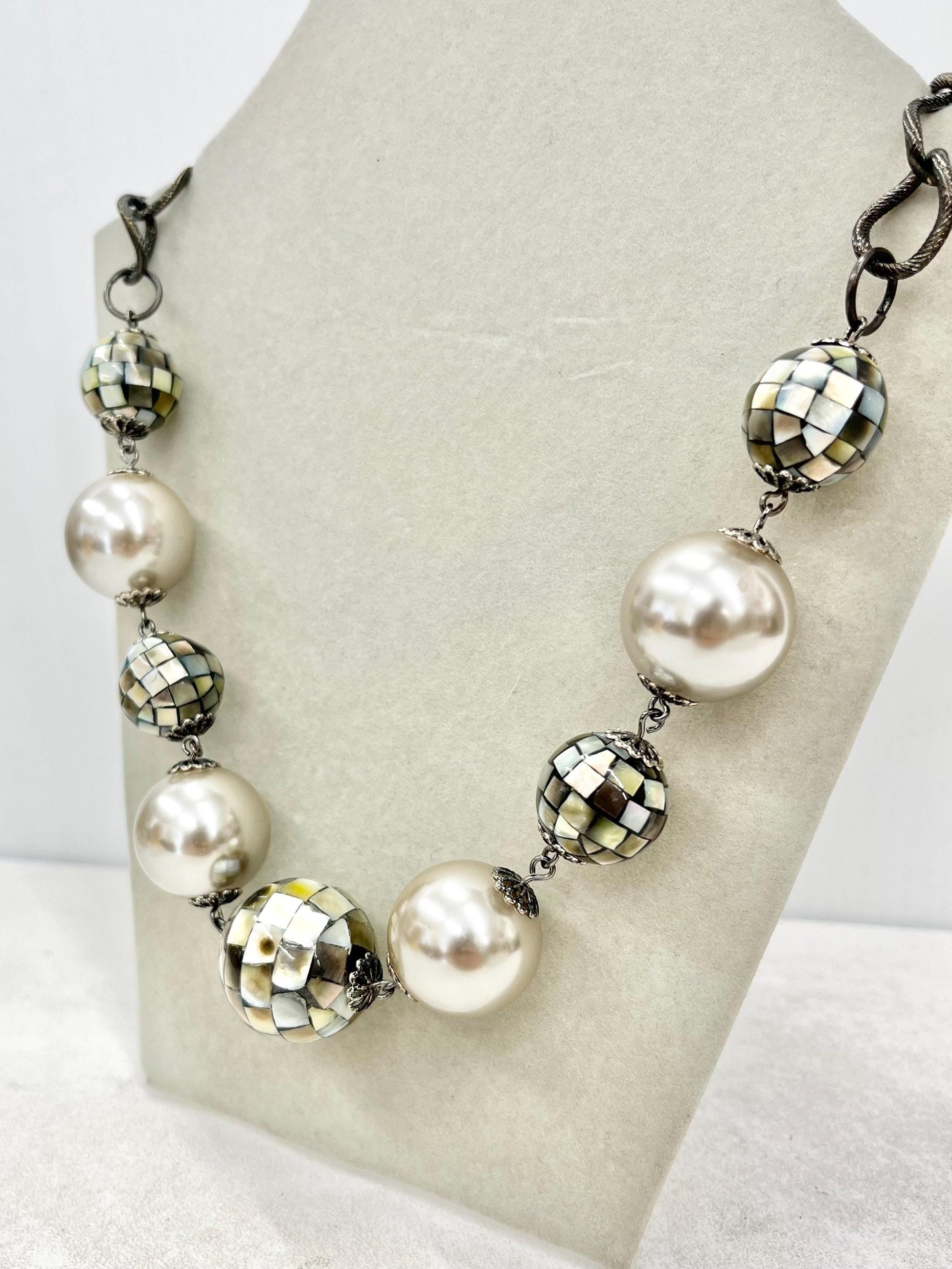 Chunky Faux Pearl & Shell Mosaic Bead Necklace - by Milly Oliver MillyOliverVintage