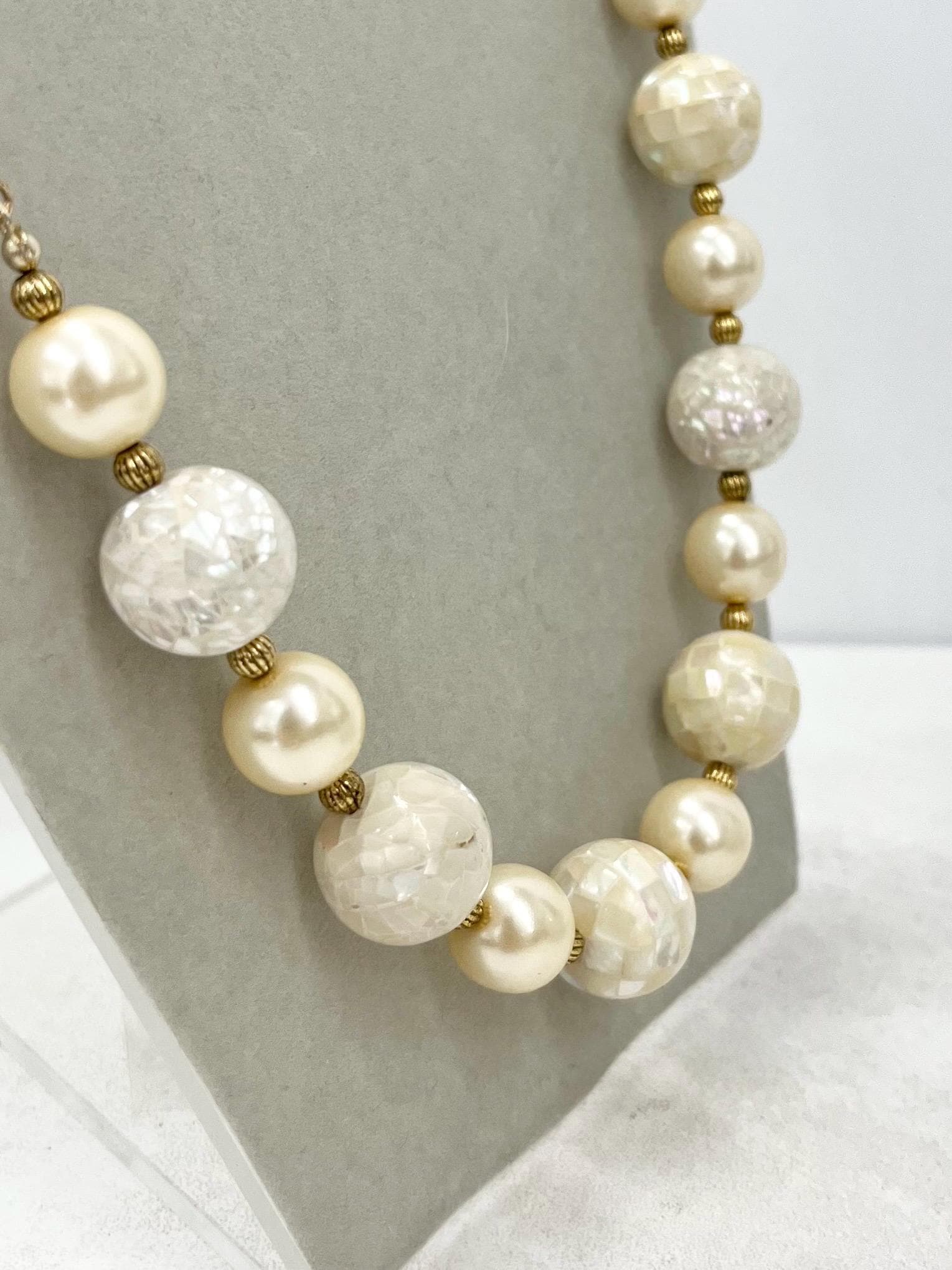 Faux Cream Pearl & Shell Mosaic Bead Necklace Gold Plated Chain - by Milly Oliver MillyOliverVintage