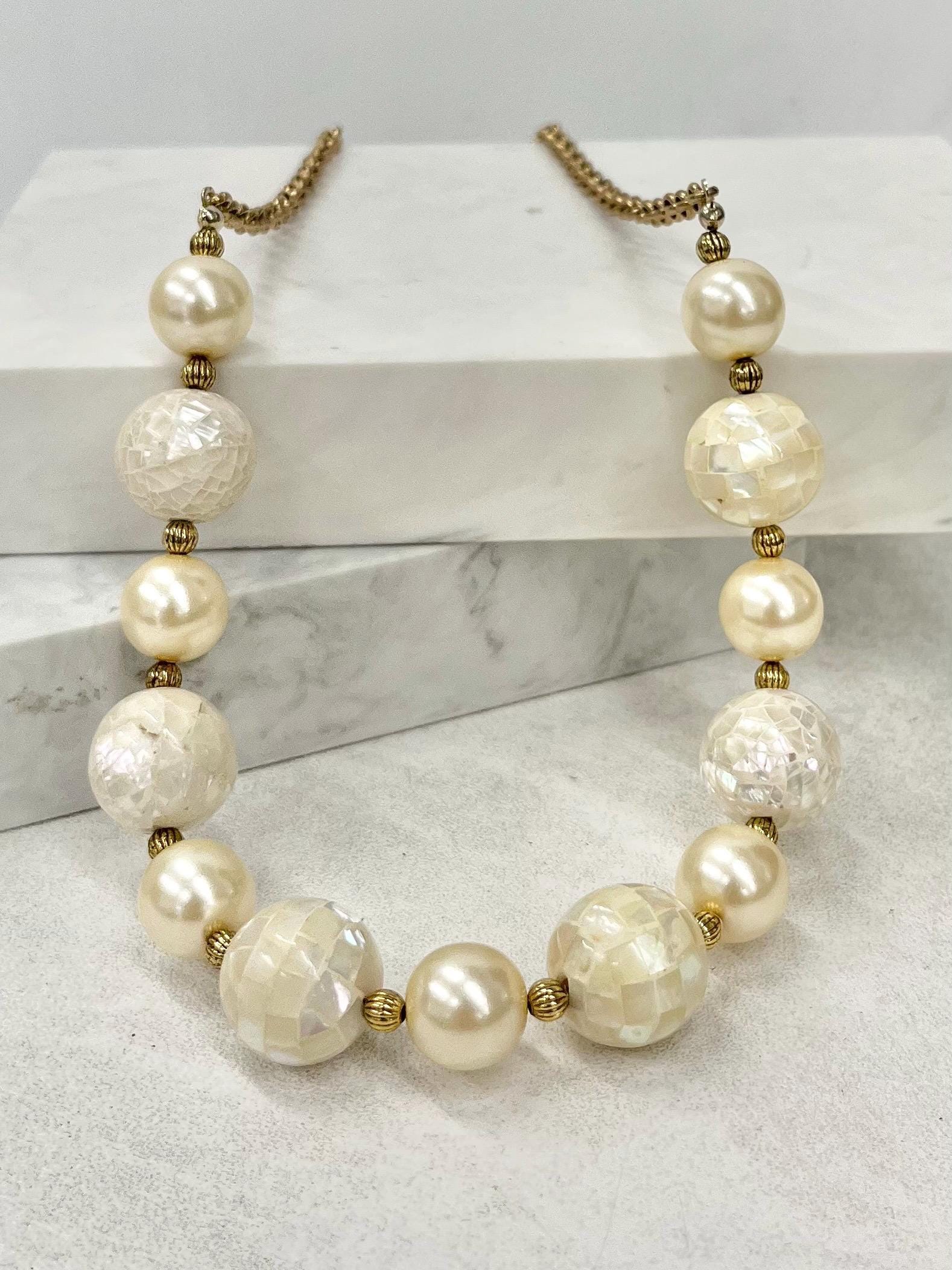 Faux Cream Pearl & Shell Mosaic Bead Necklace Gold Plated Chain - by Milly Oliver MillyOliverVintage
