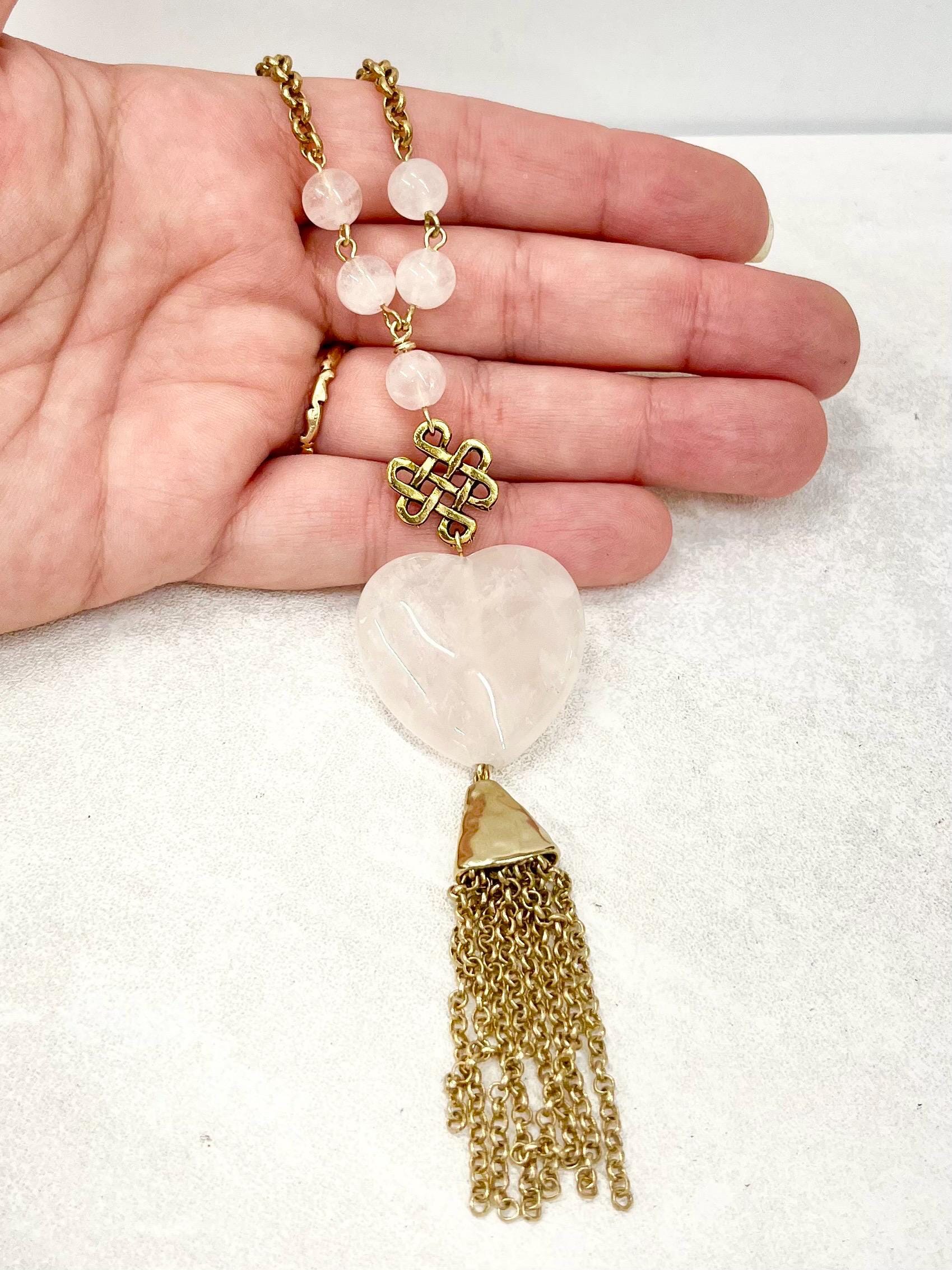 Rose Quartz Heart Drop Tassle Pendant Necklace Gold Plated Chain - 18” Long by Milly Oliver MillyOliverVintage