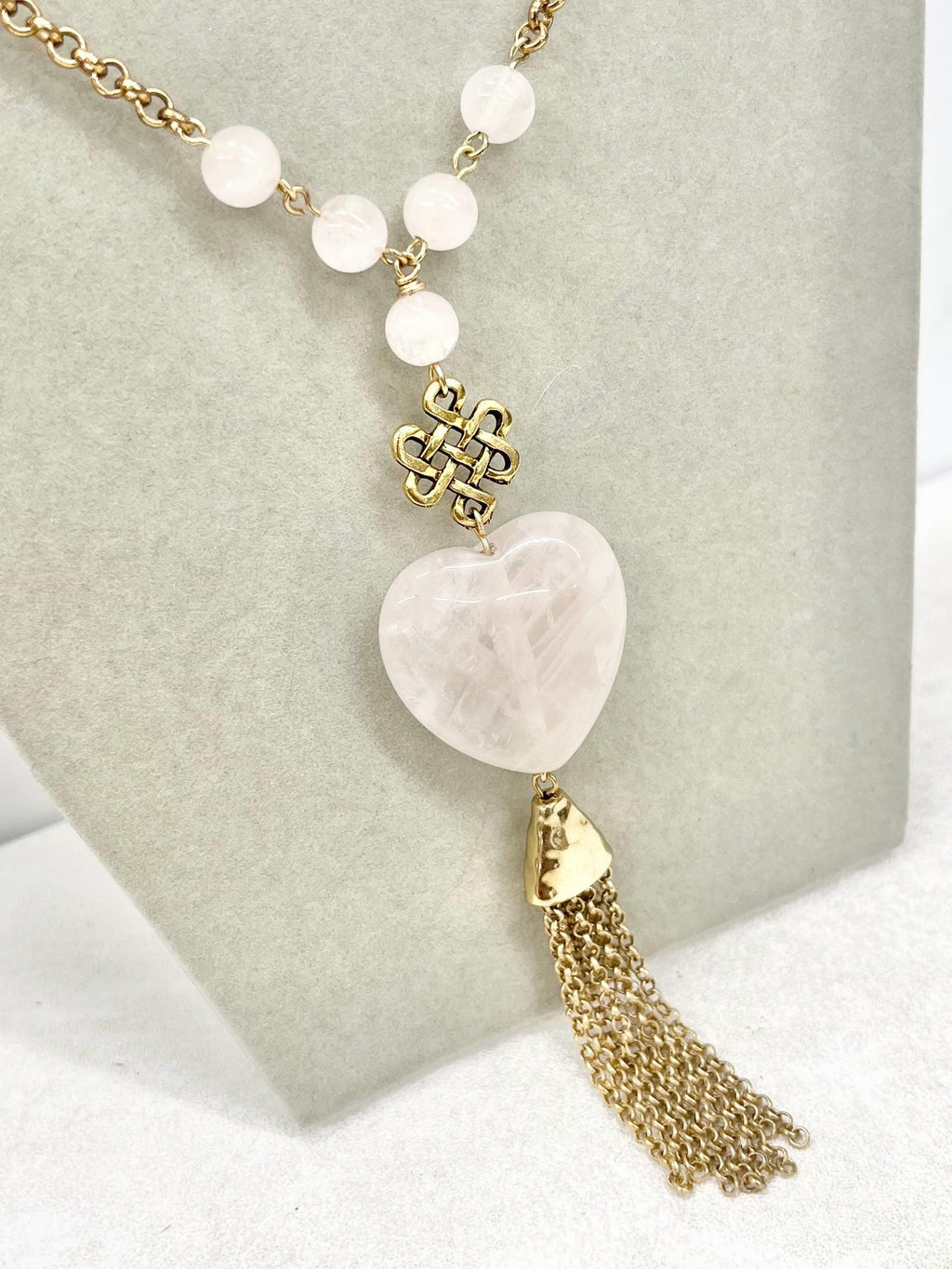 Rose Quartz Heart Drop Tassle Pendant Necklace Gold Plated Chain - 18” Long by Milly Oliver MillyOliverVintage