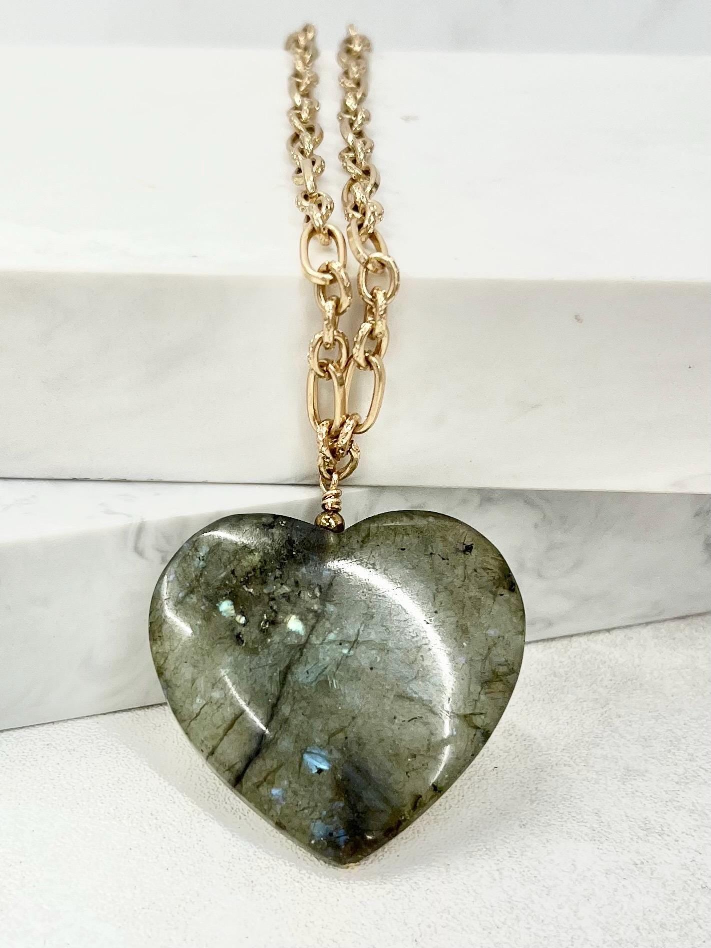 Flashy Natural Labradorite Heart Drop Pendant Necklace Gold Plated Fancy Chain - 18” Long by Milly Oliver MillyOliverVintage