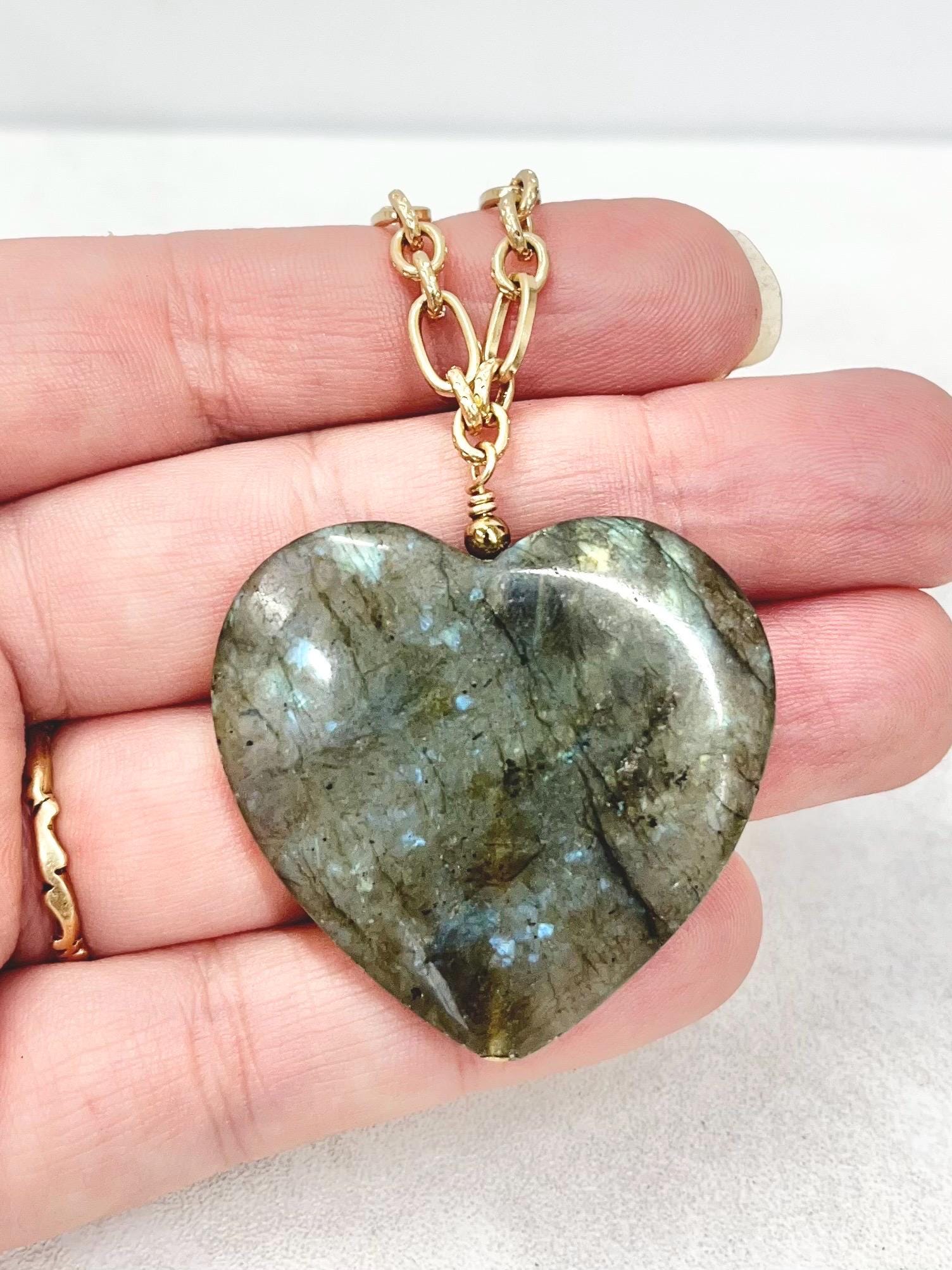 Flashy Natural Labradorite Heart Drop Pendant Necklace Gold Plated Fancy Chain - 18” Long by Milly Oliver MillyOliverVintage