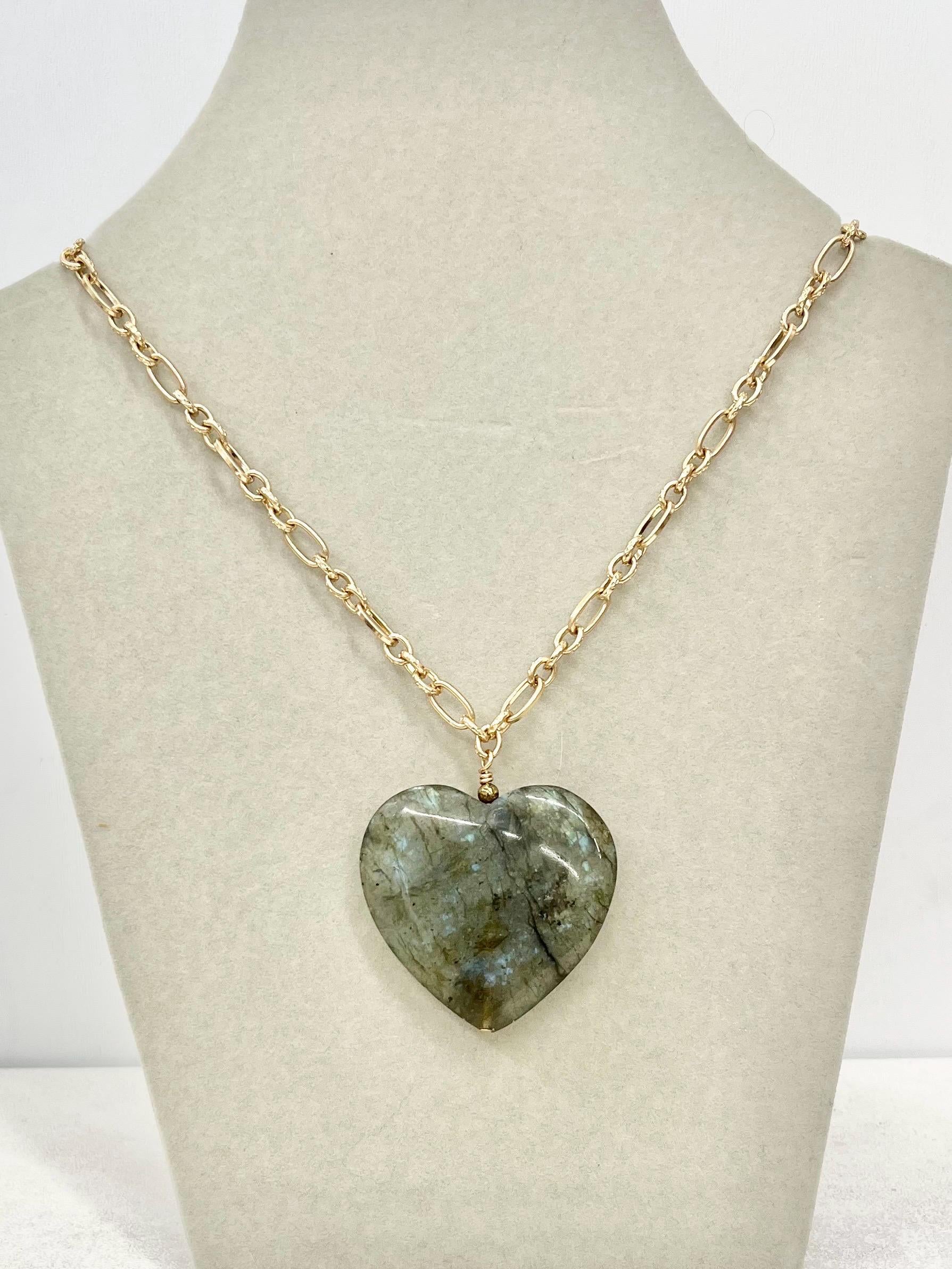 Flashy Natural Labradorite Heart Drop Pendant Necklace Gold Plated Fancy Chain - 18” Long by Milly Oliver MillyOliverVintage