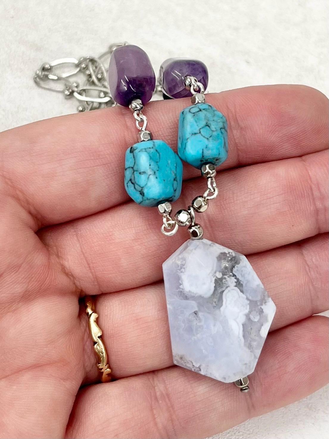 Blue Semi Precious Gemstone Necklace with Blue Lace Agate Amethyst Turquoise & Sodalit - by Milly Oliver MillyOliverVintage